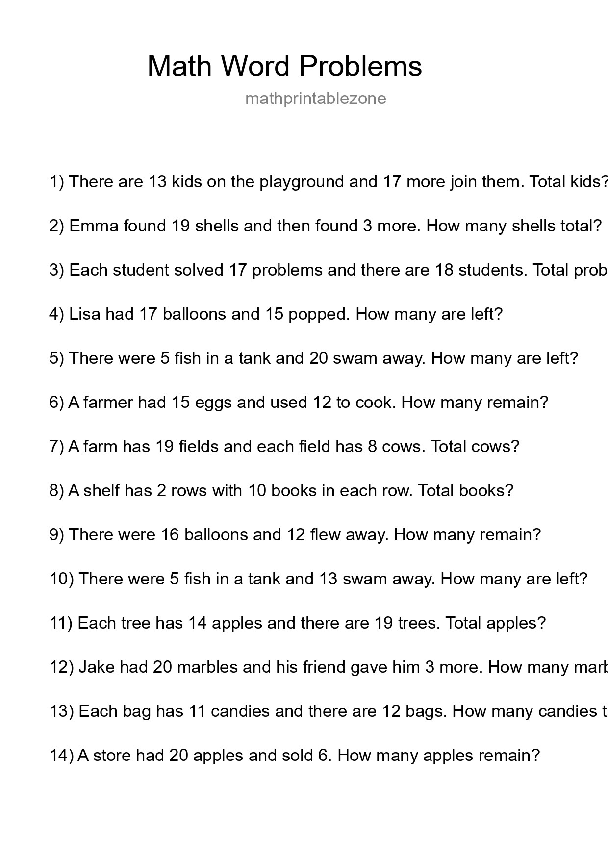 Math Word Problem Worksheet