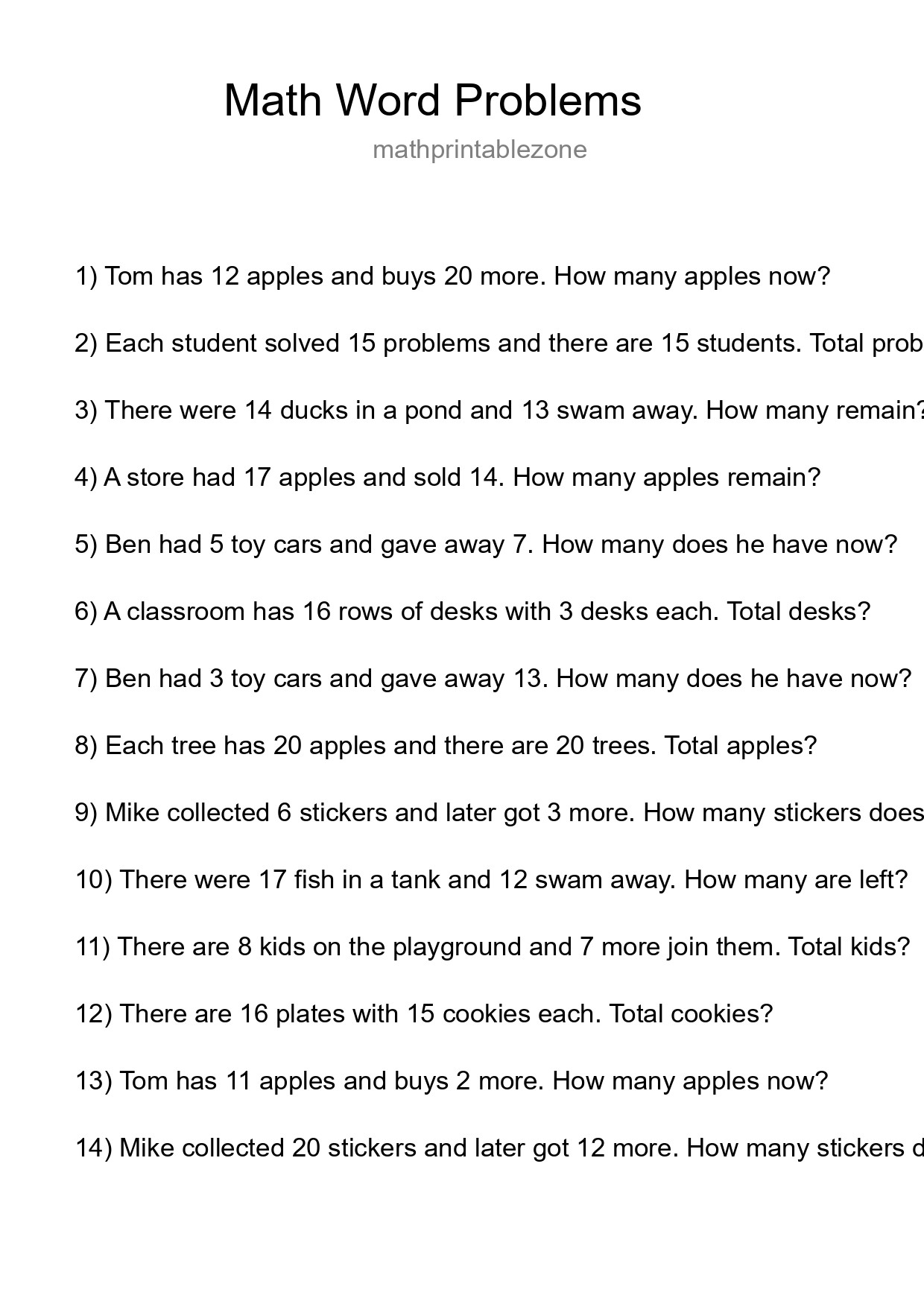 Math Word Problem Worksheet