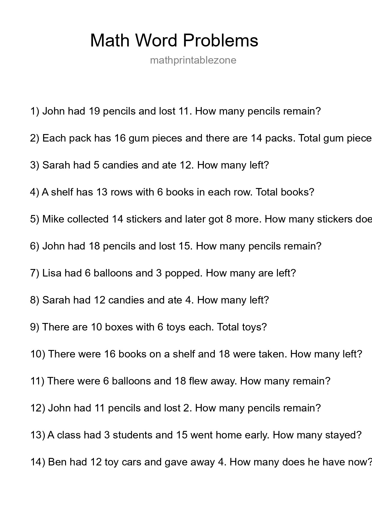 Math Word Problem Worksheet