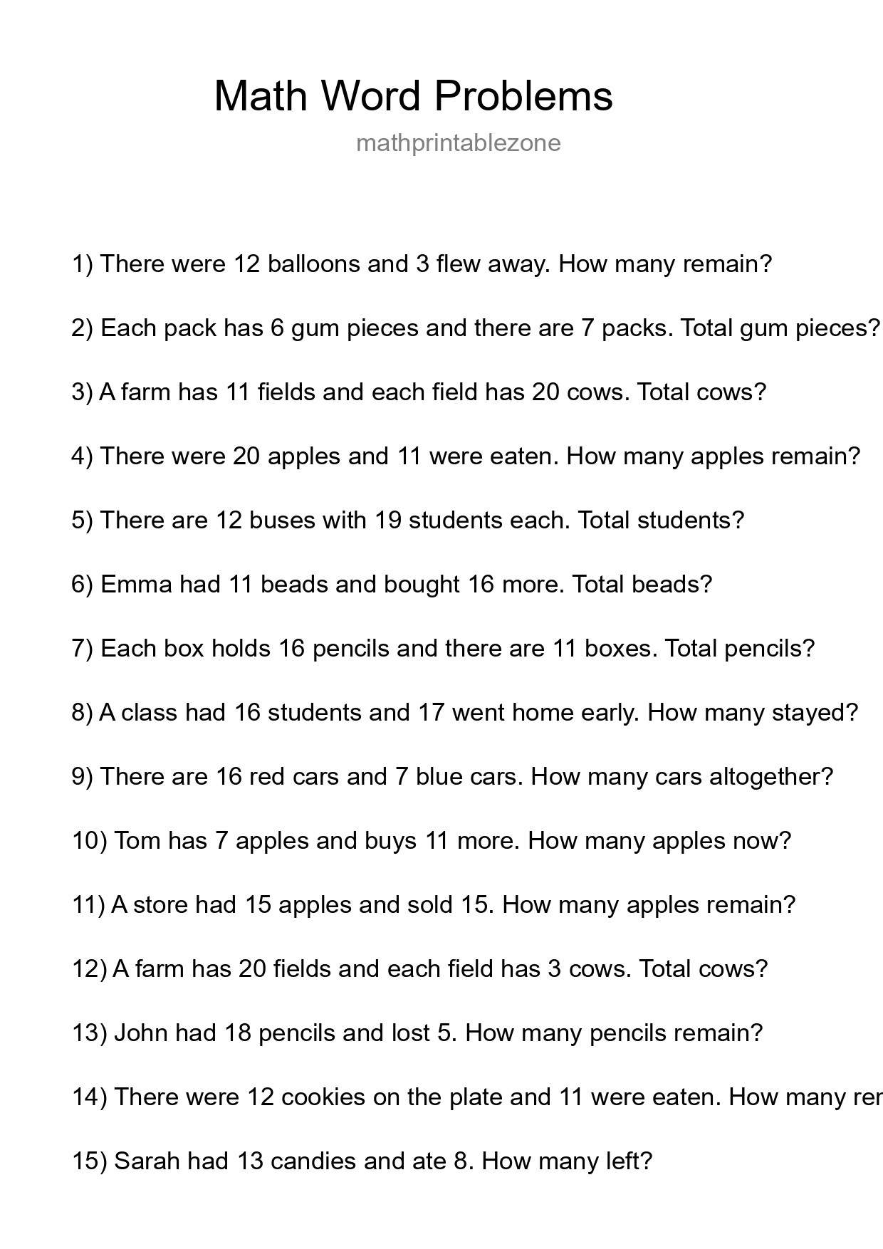 Math Word Problem Worksheet