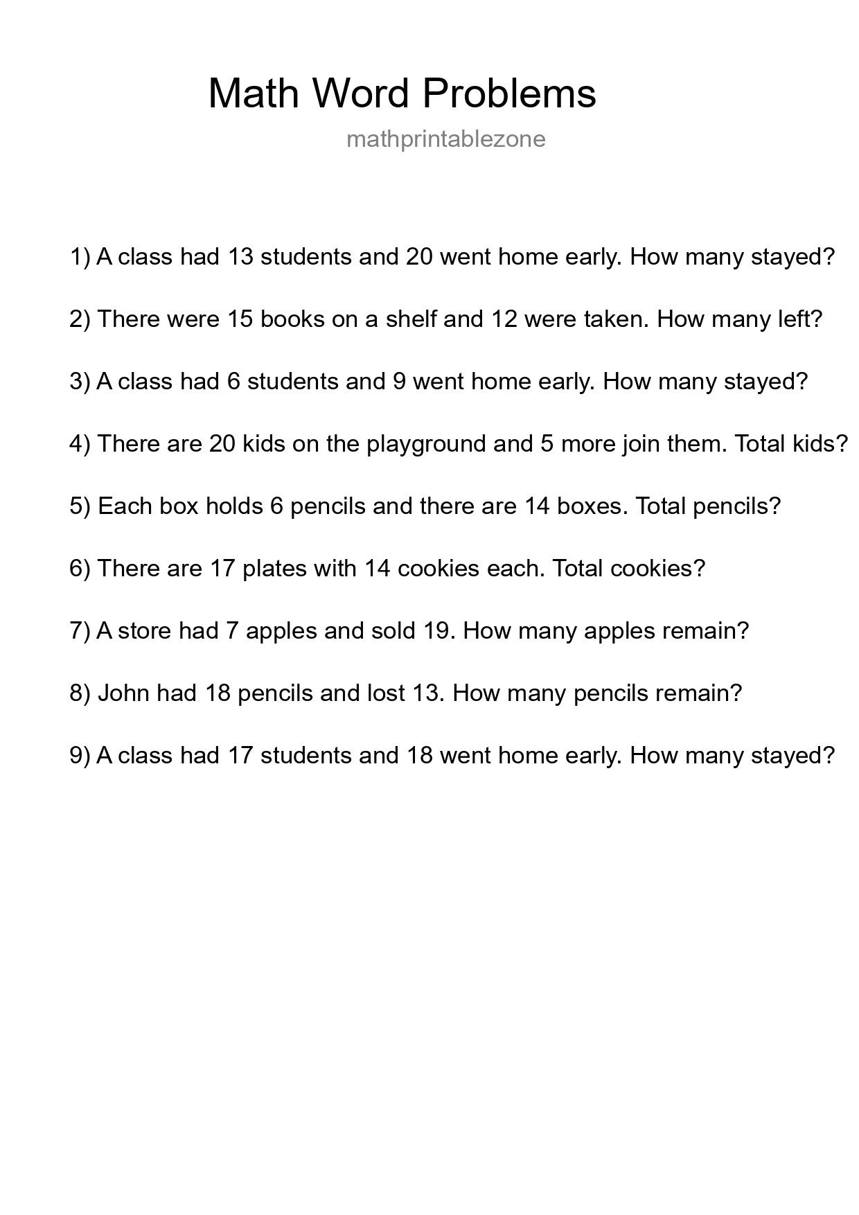 Math Word Problem Worksheet