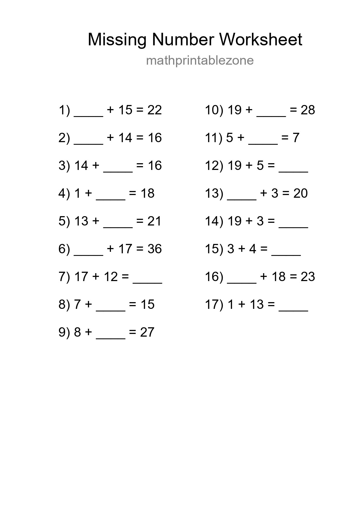 Missing Number Math Worksheet