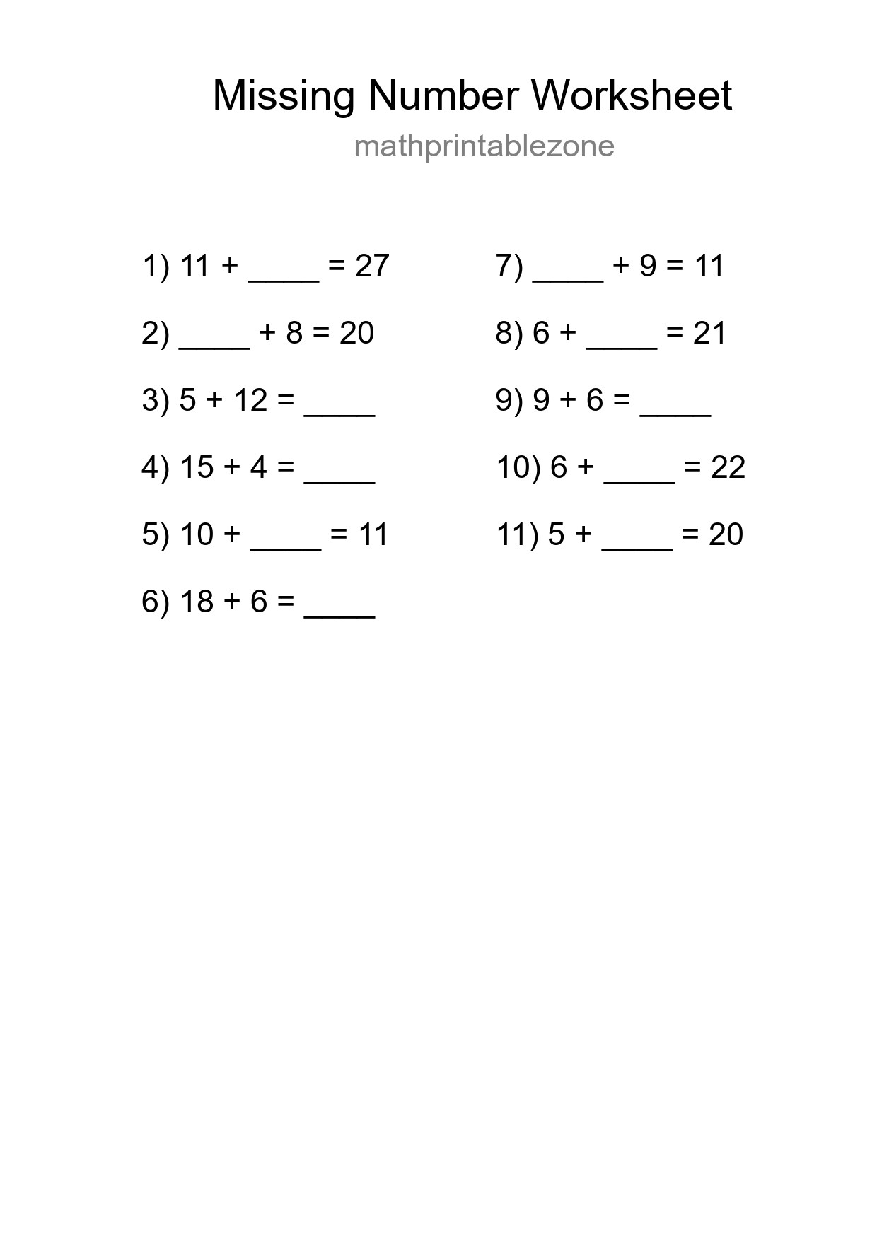 Missing Number Math Worksheet