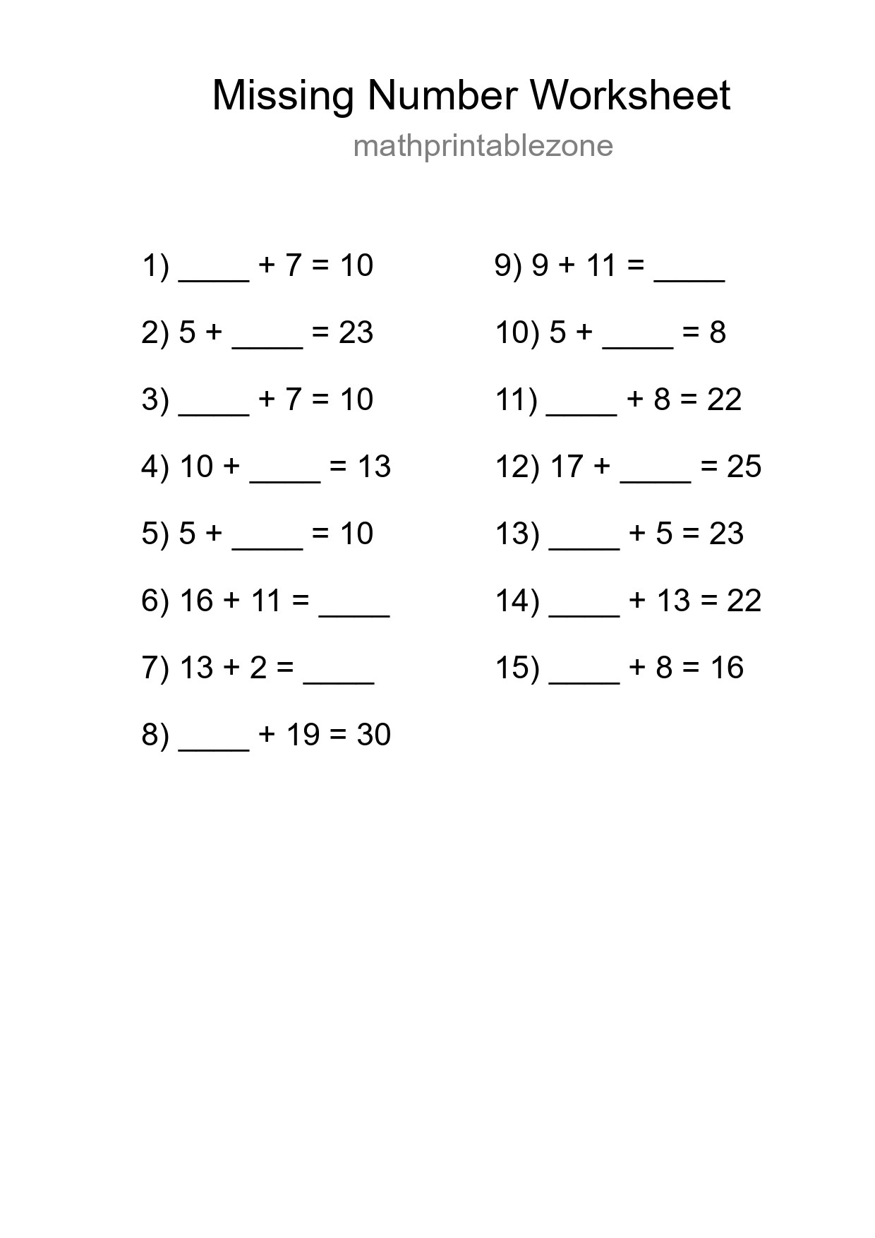 Missing Number Math Worksheet