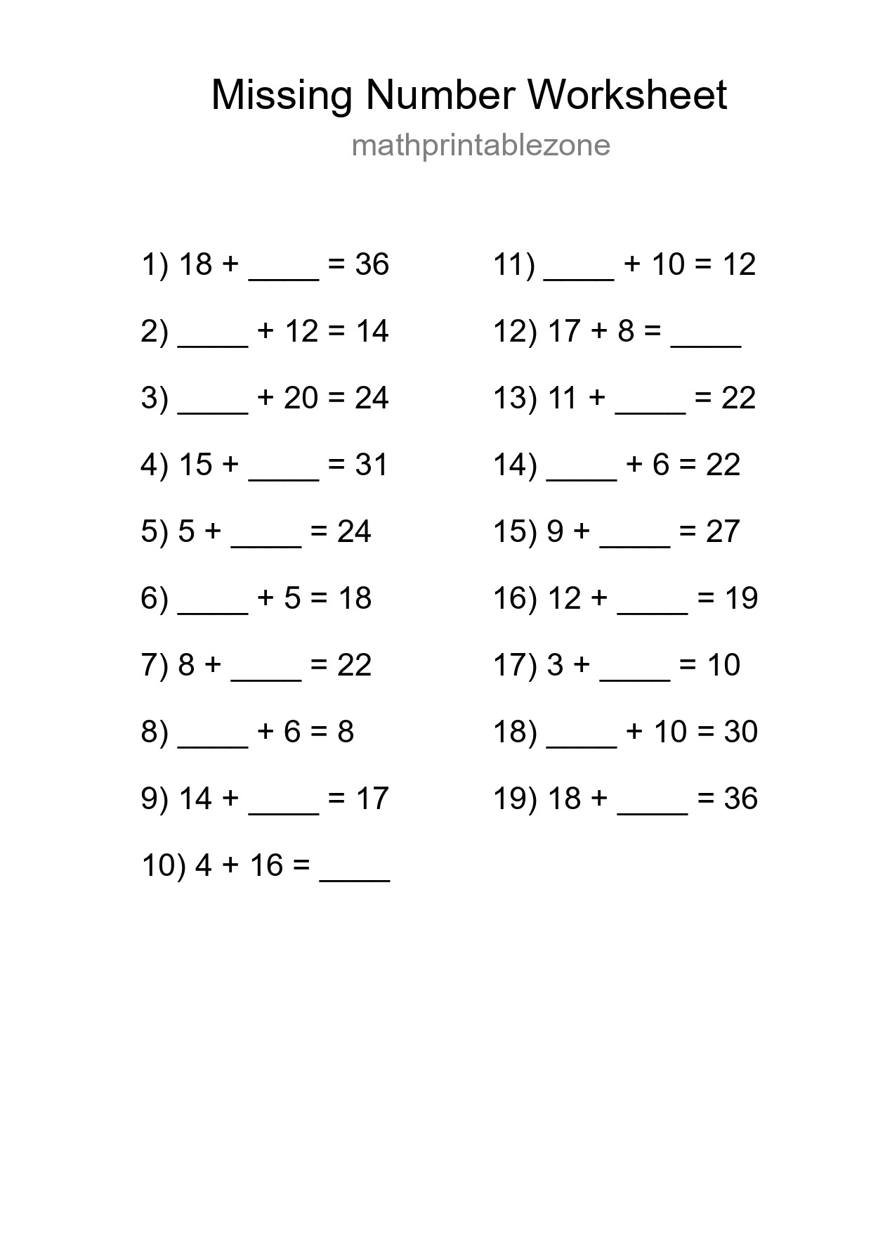 Missing Number Math Worksheet