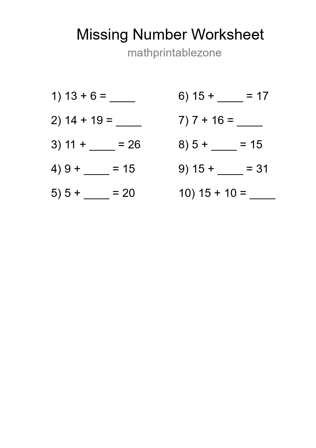 Missing Number Math Worksheet