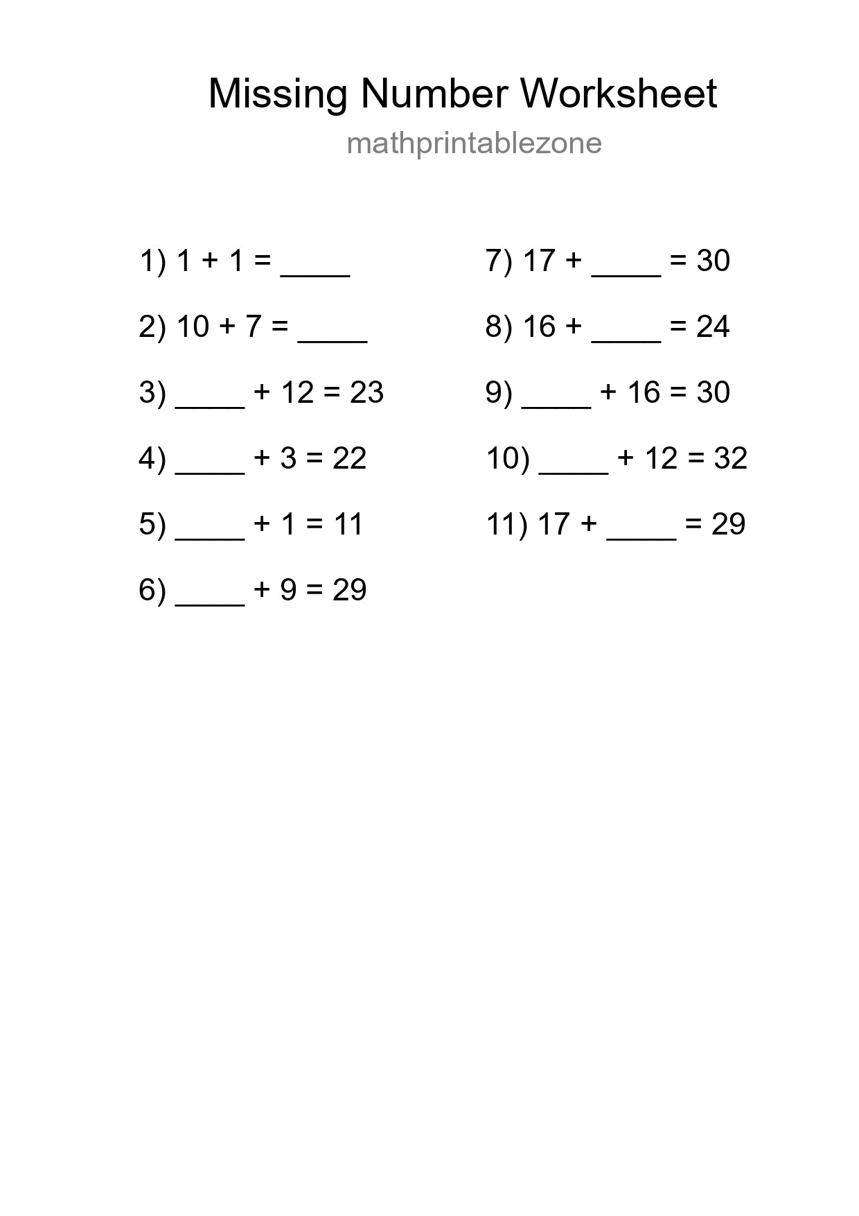 Missing Number Math Worksheet