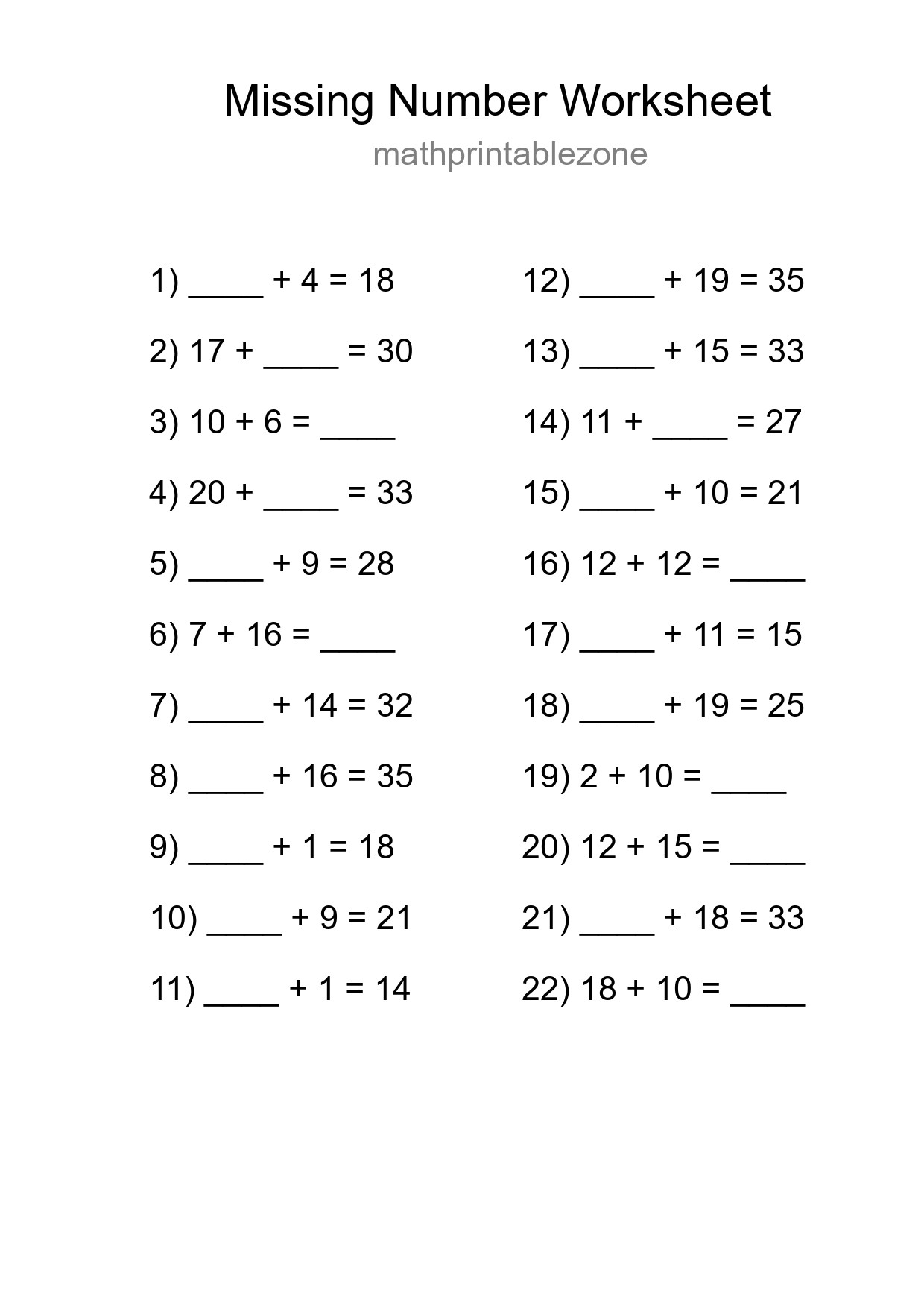 Missing Number Math Worksheet
