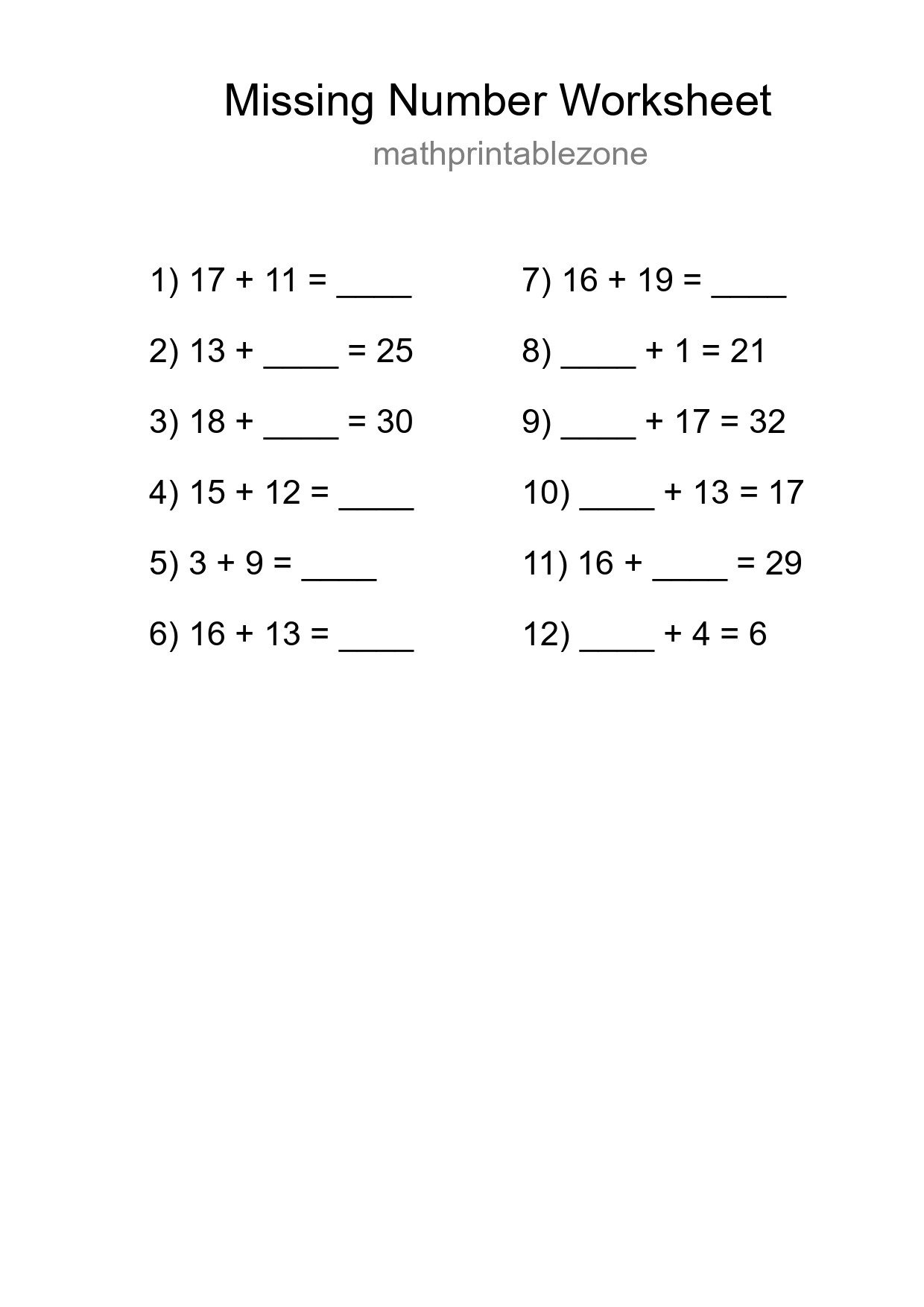 Missing Number Math Worksheet