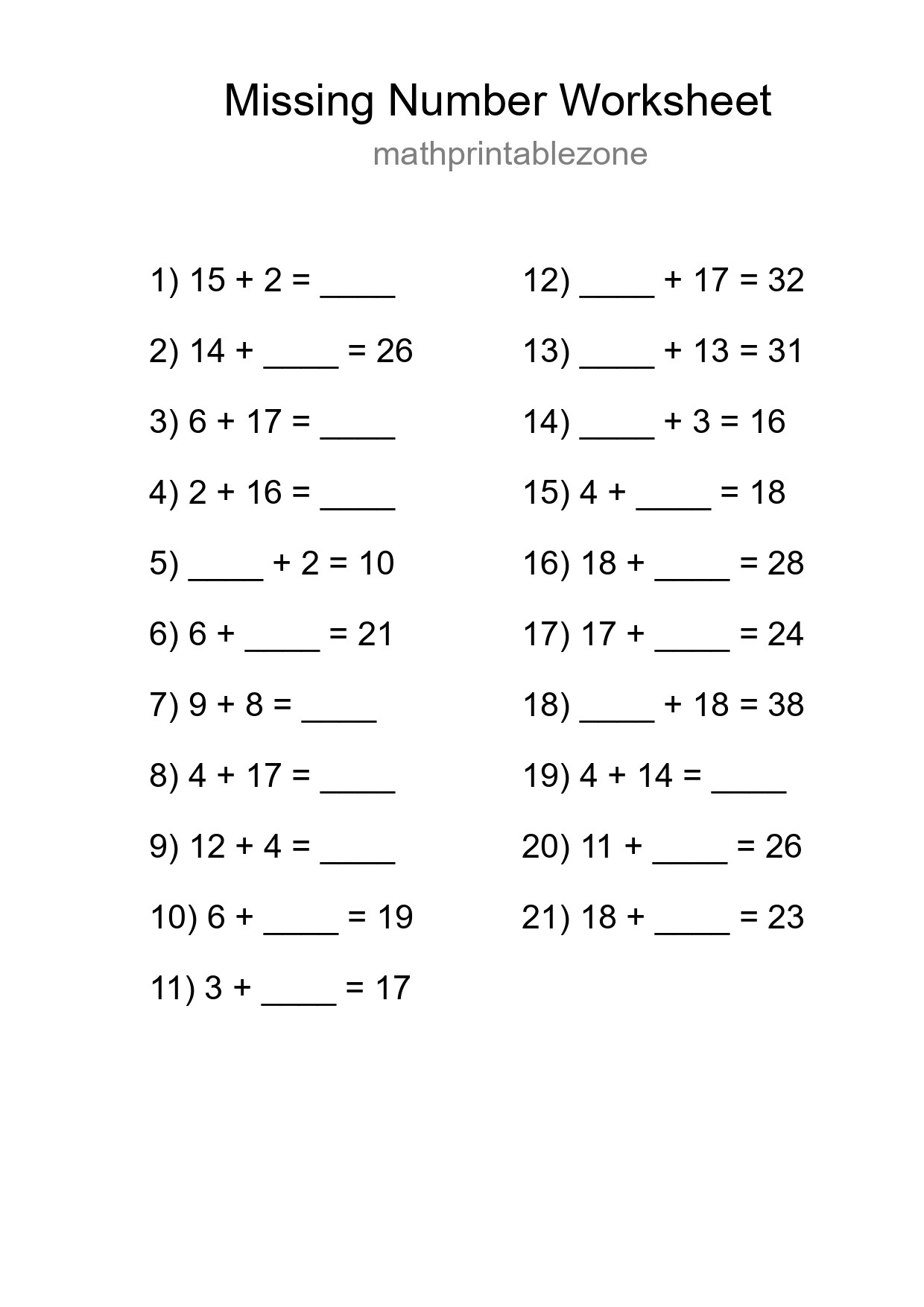 Missing Number Math Worksheet