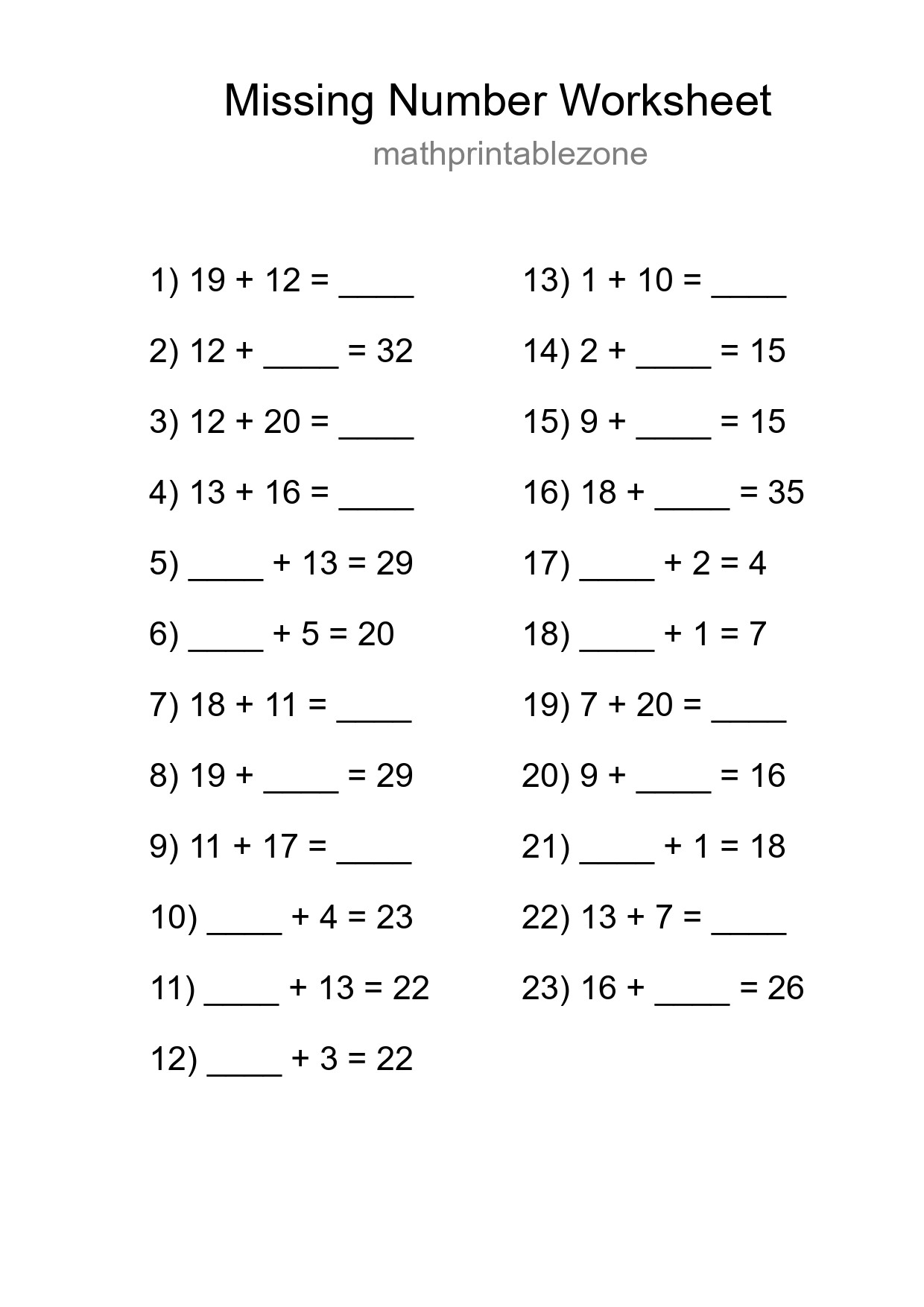 Missing Number Math Worksheet