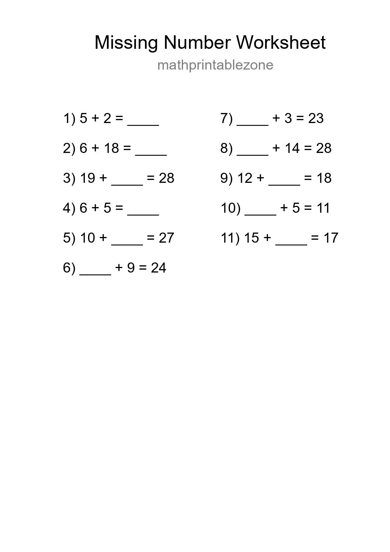 Missing Number Math Worksheet