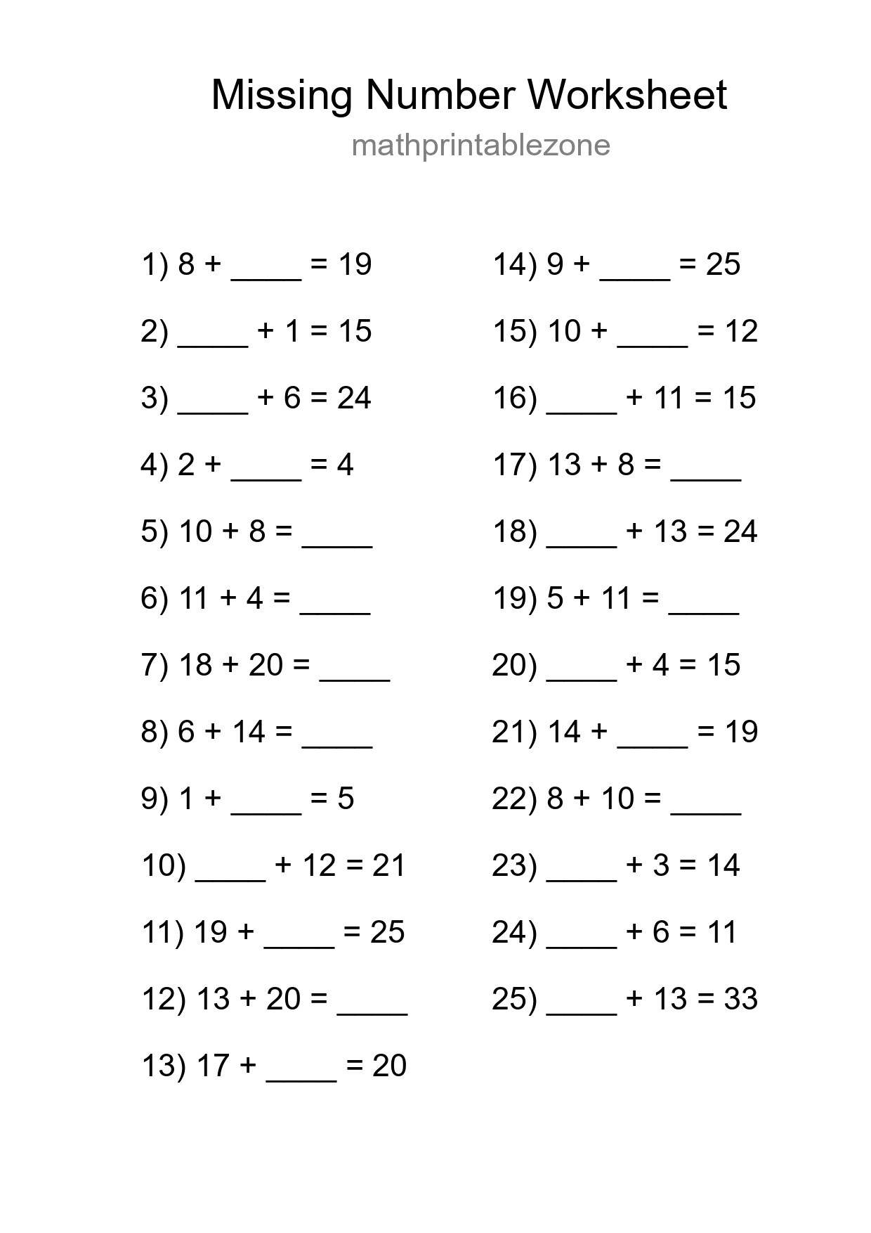 Missing Number Math Worksheet