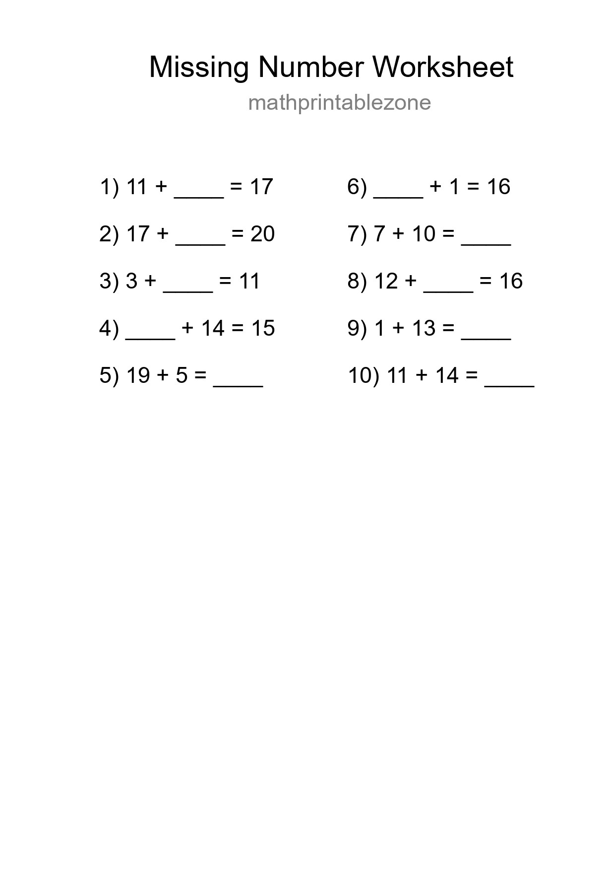Missing Number Math Worksheet