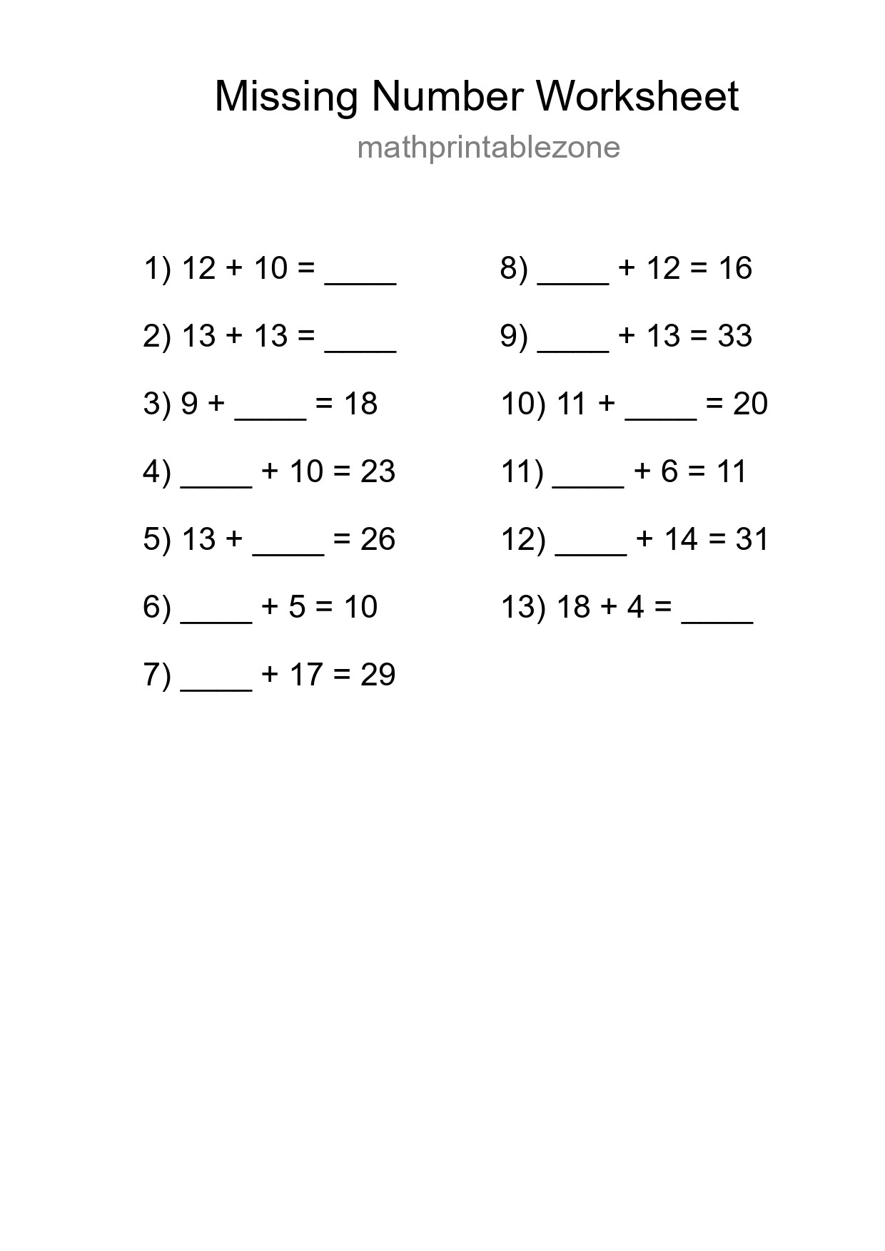 Missing Number Math Worksheet