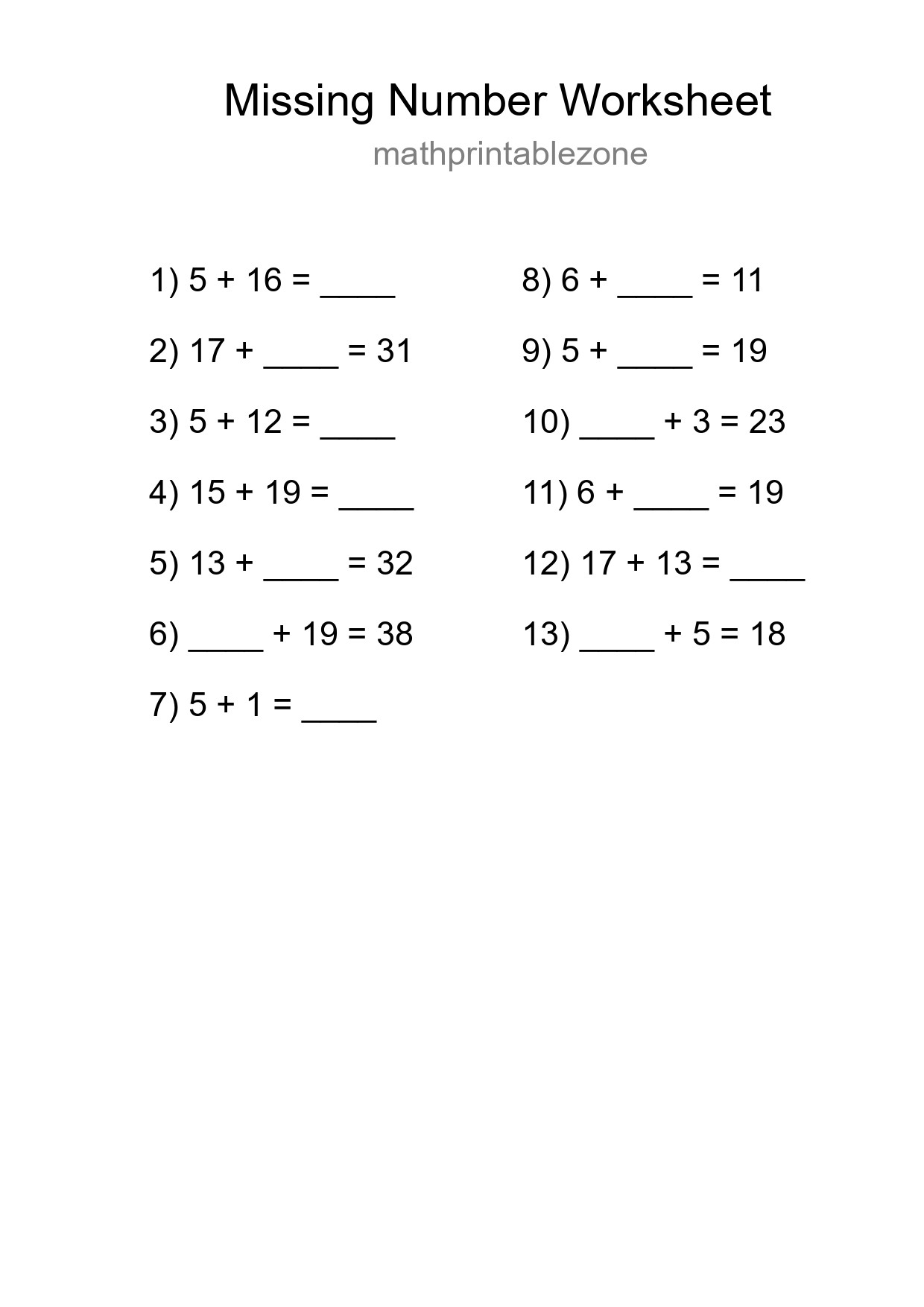 Missing Number Math Worksheet