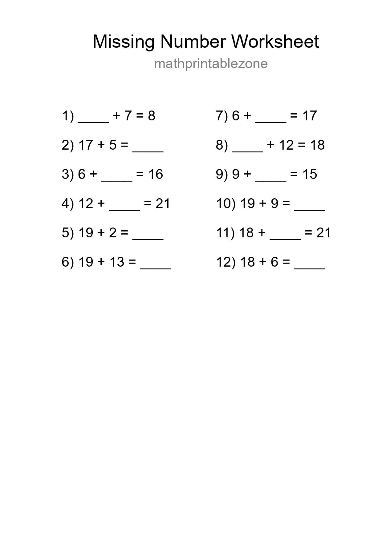 Missing Number Math Worksheet