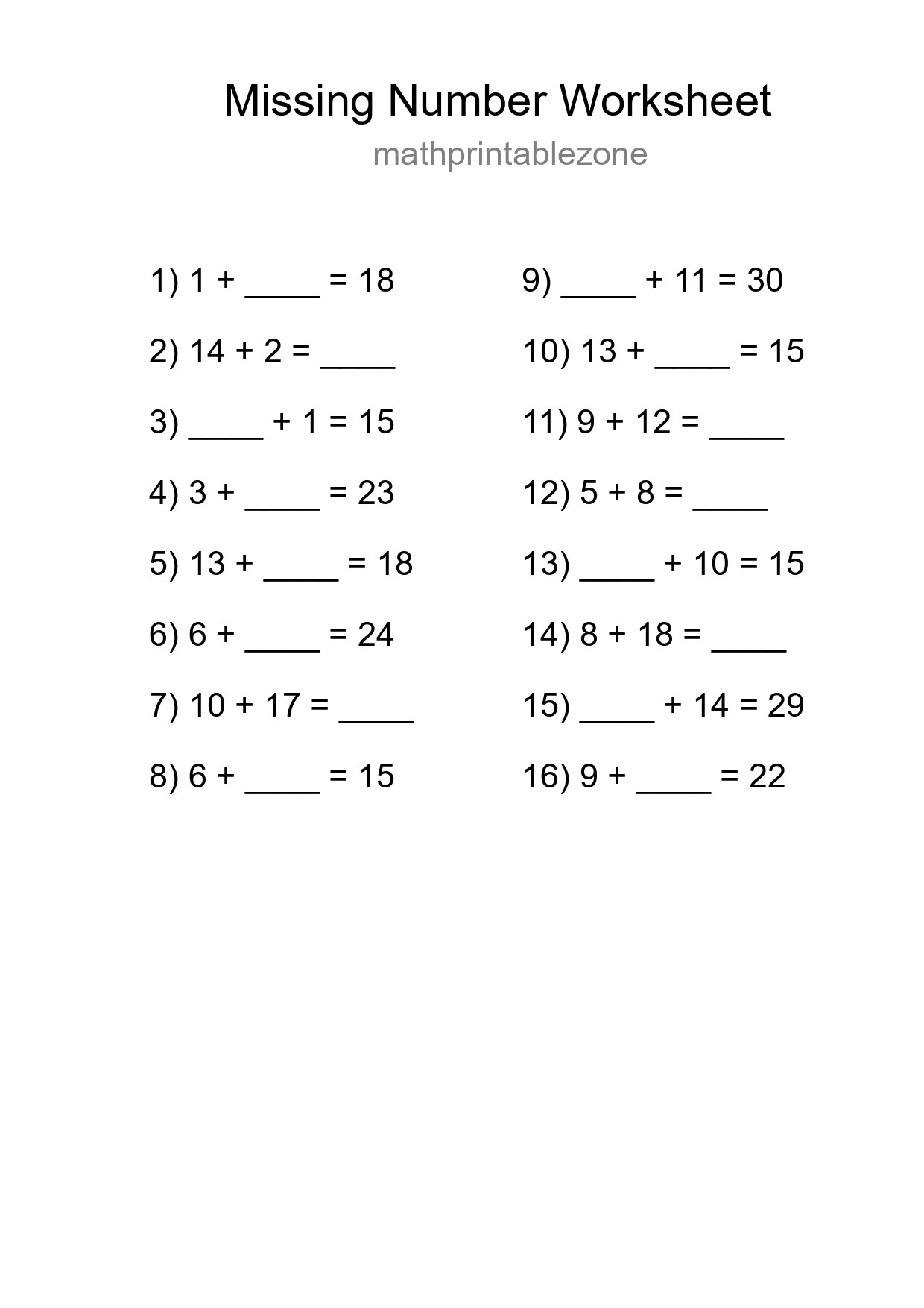 Missing Number Math Worksheet