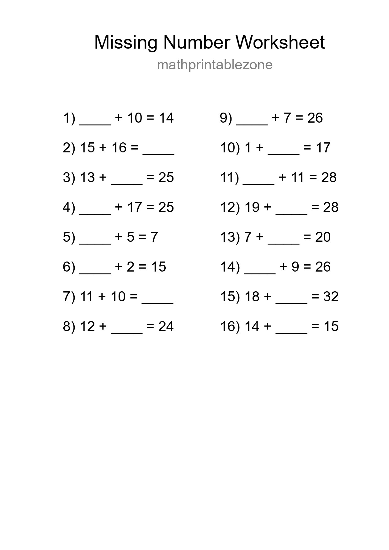 Missing Number Math Worksheet