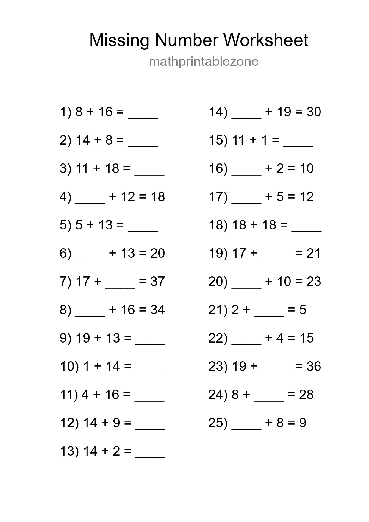 Missing Number Math Worksheet