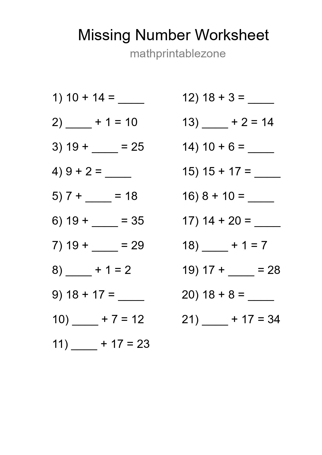 Missing Number Math Worksheet