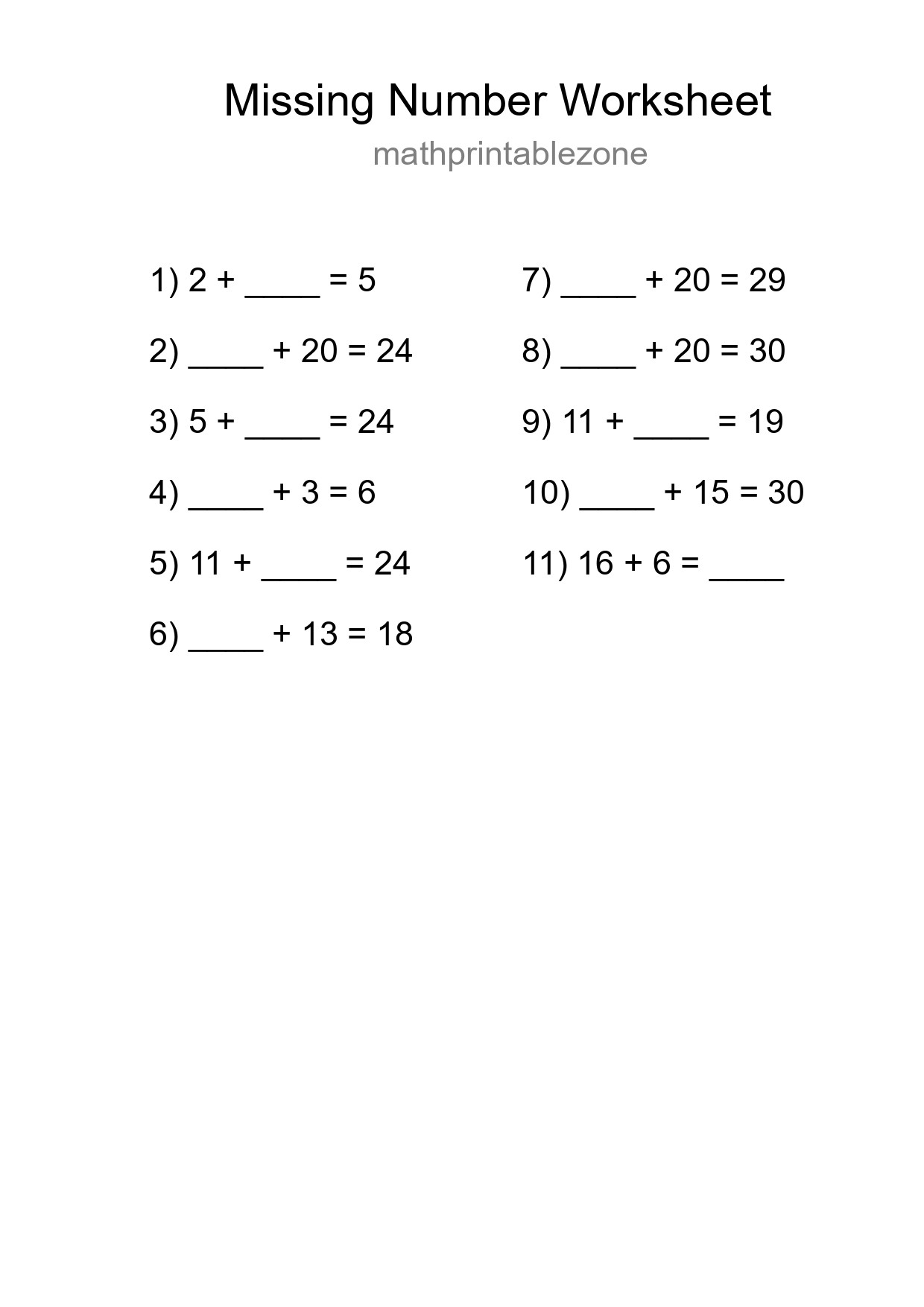 Missing Number Math Worksheet