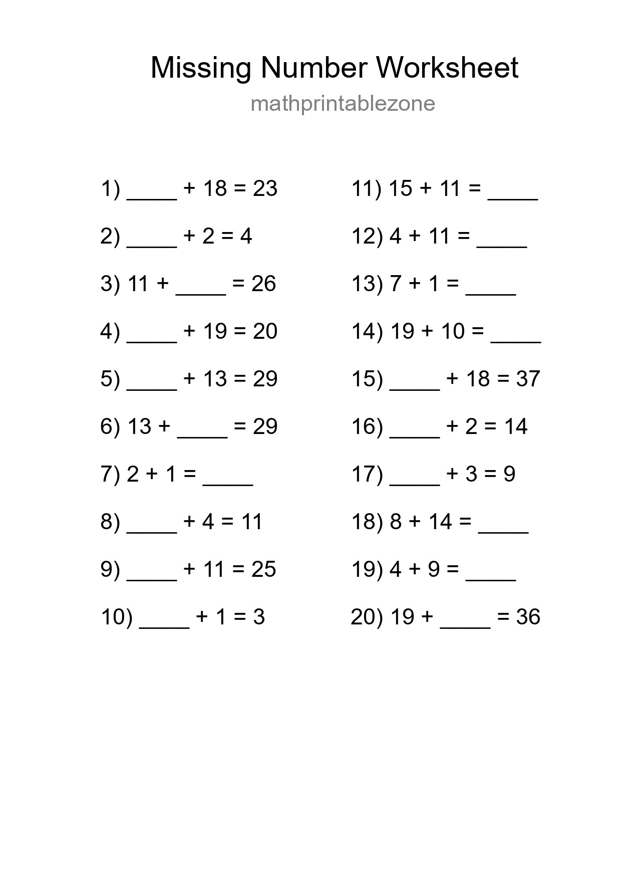 Missing Number Math Worksheet