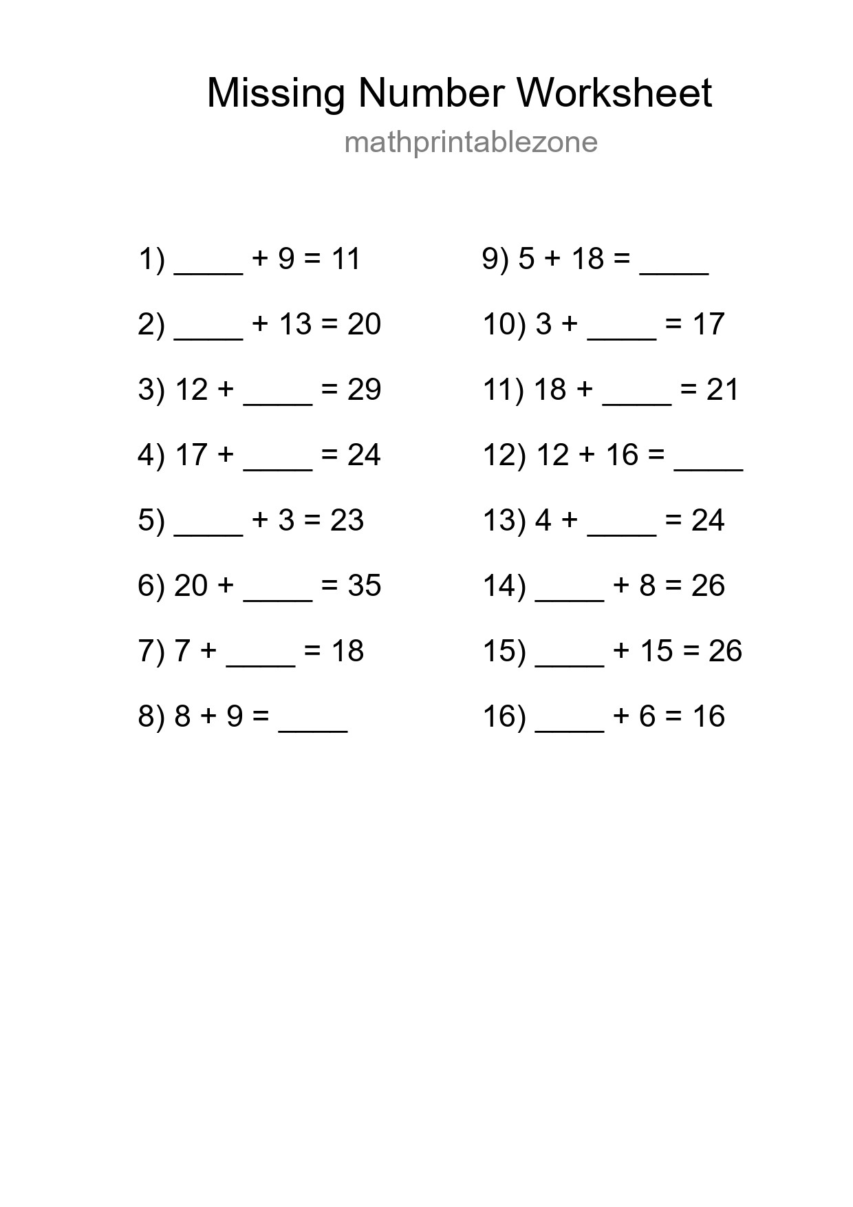Missing Number Math Worksheet