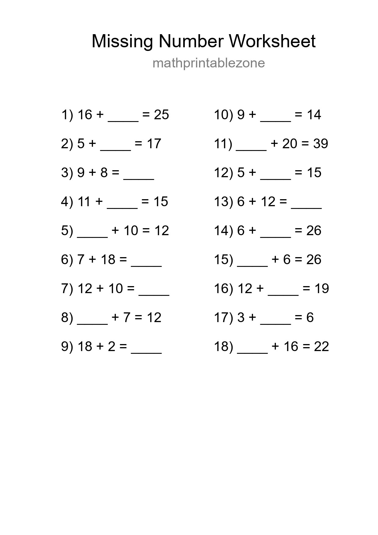 Missing Number Math Worksheet