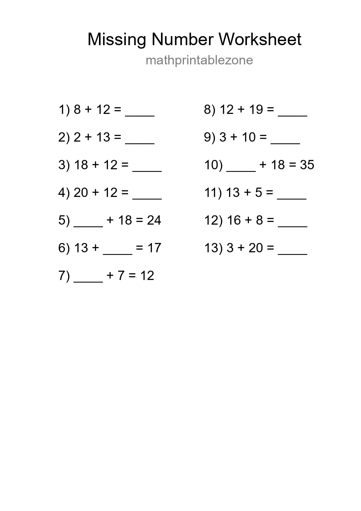 Missing Number Math Worksheet
