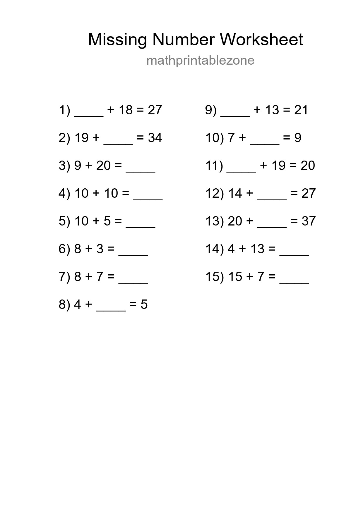 Missing Number Math Worksheet