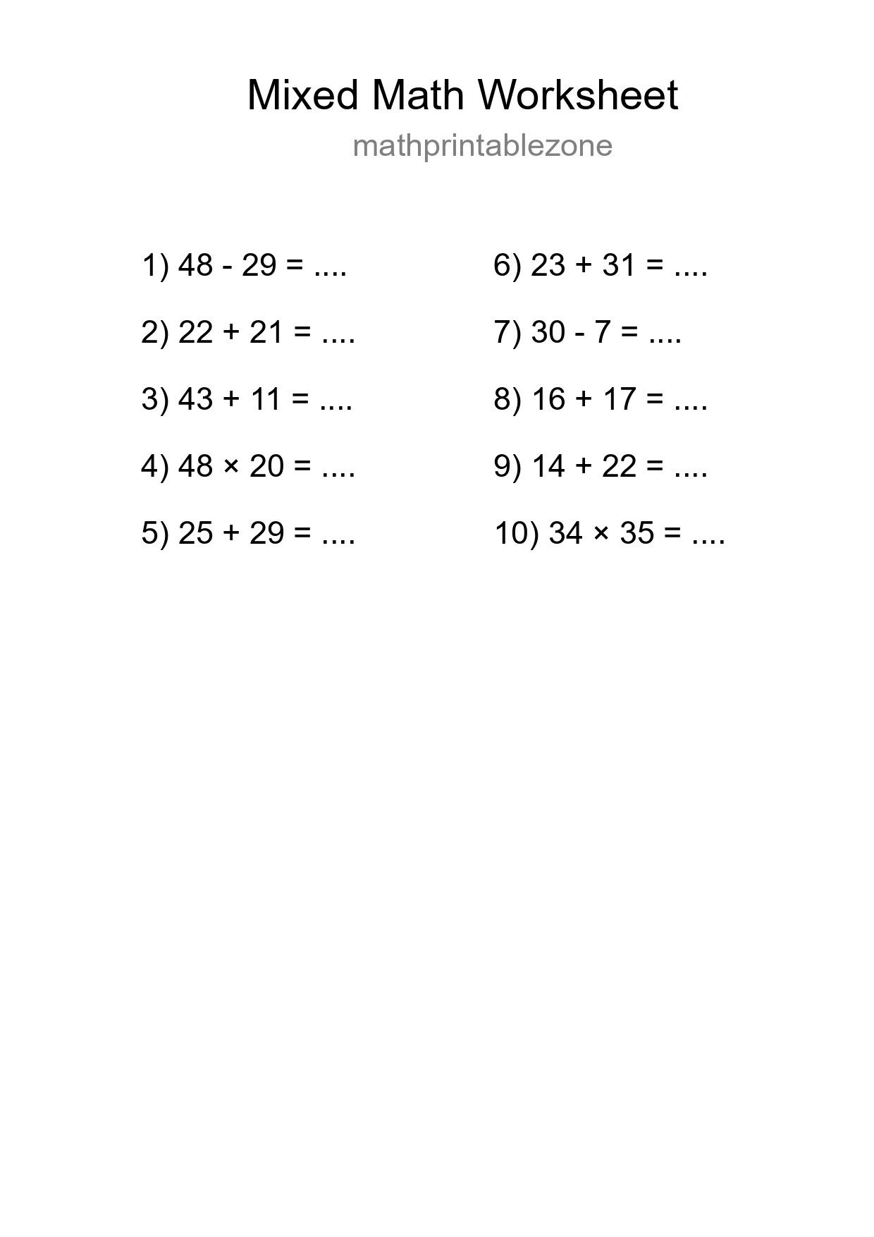 Mixed Operations Math Worksheet