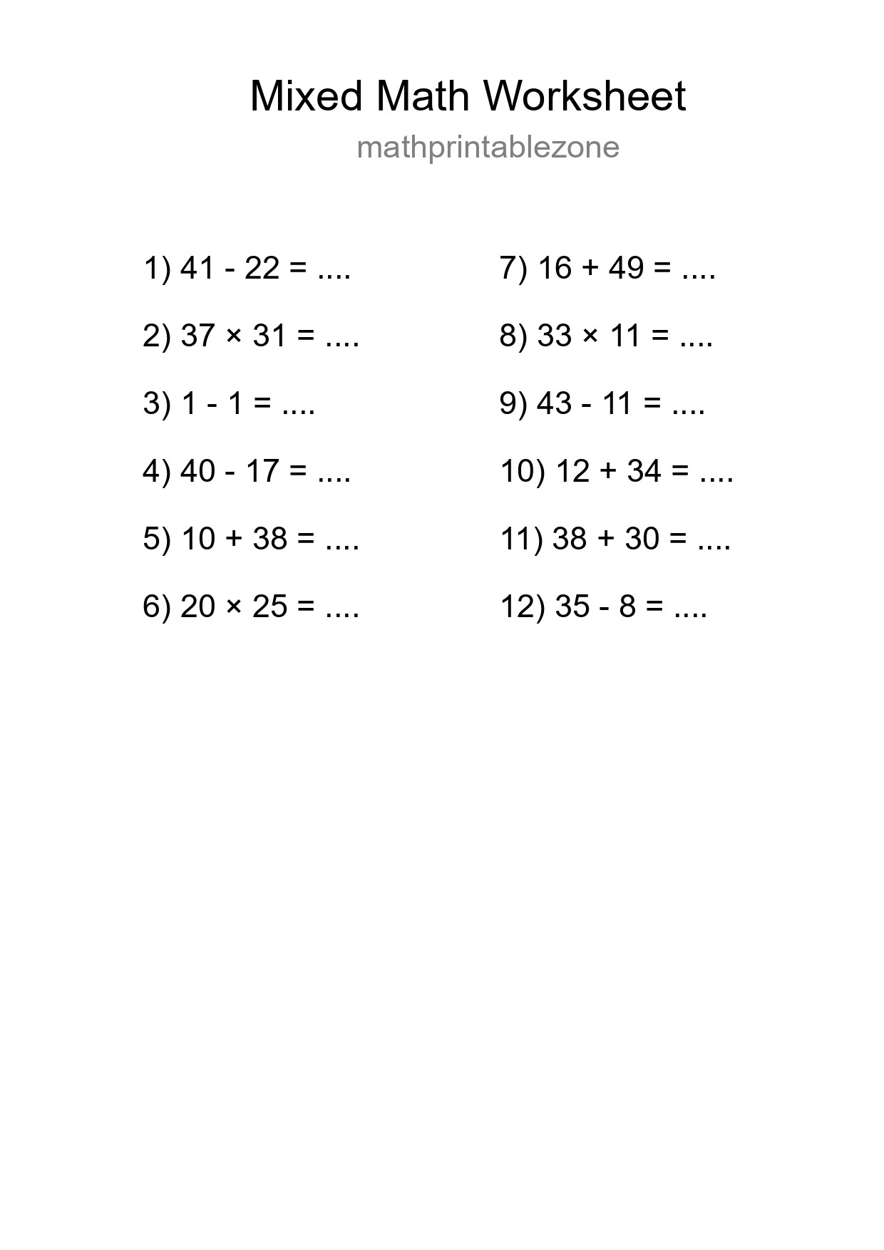 Mixed Operations Math Worksheet