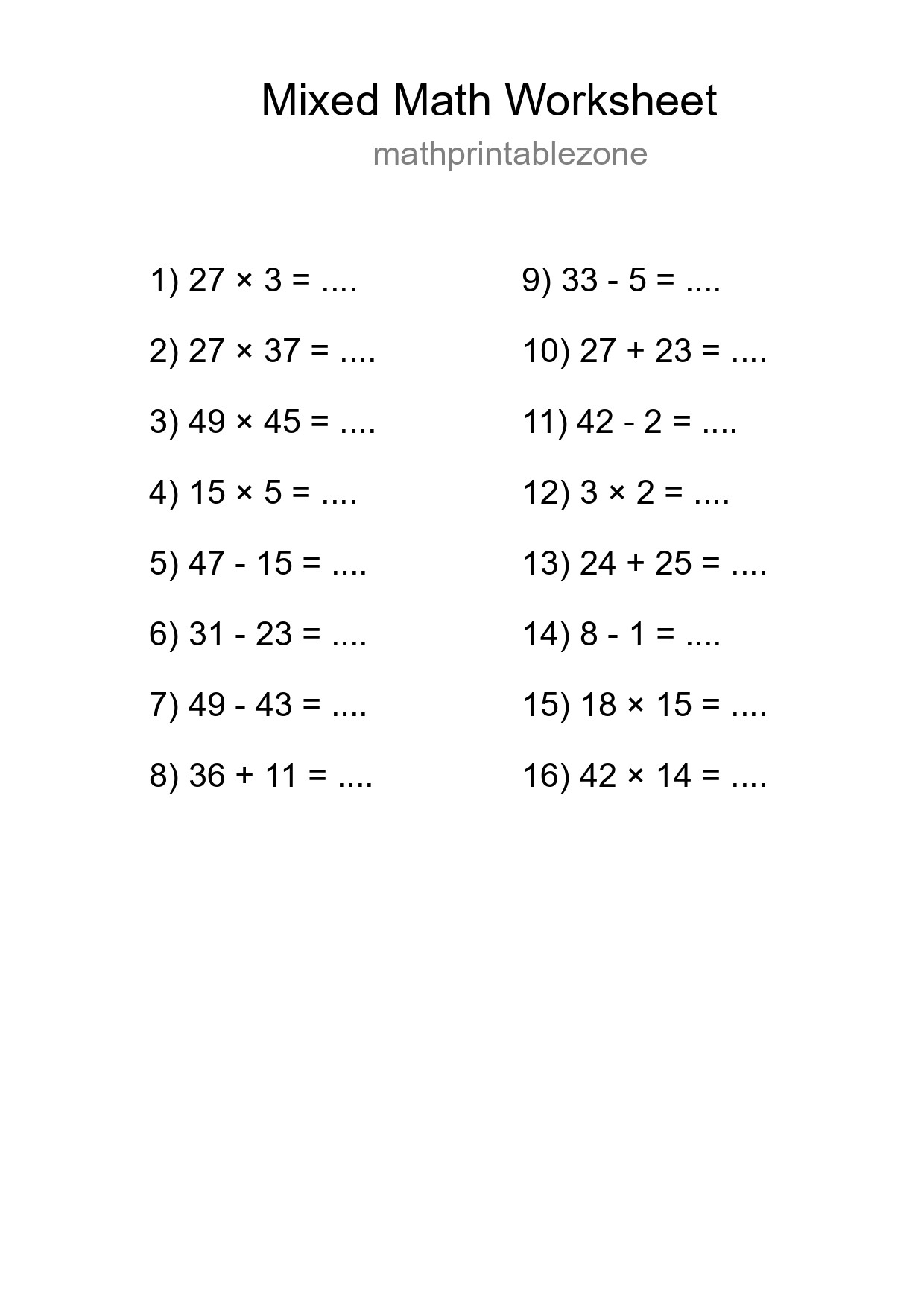 Mixed Operations Math Worksheet