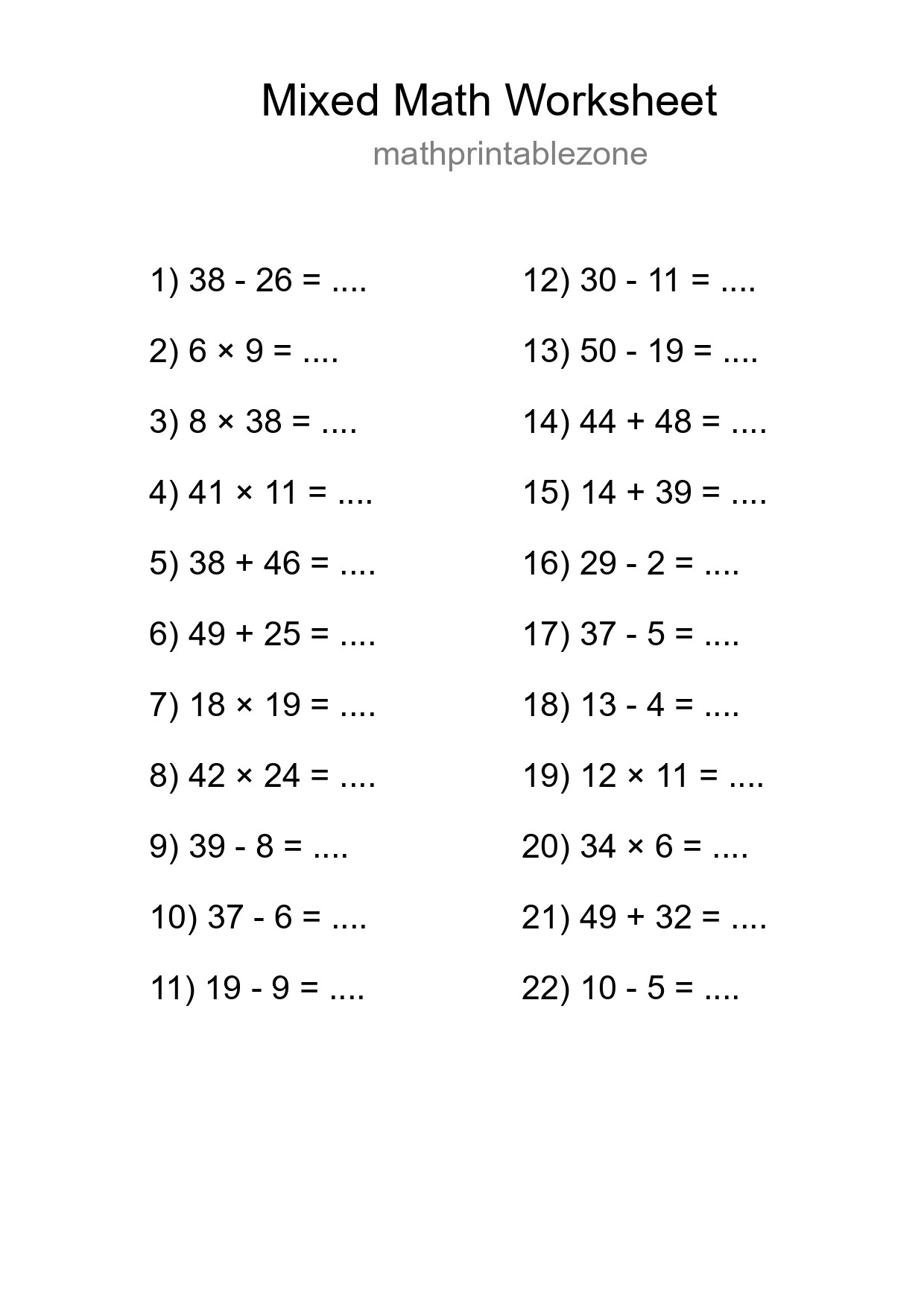 Mixed Operations Math Worksheet