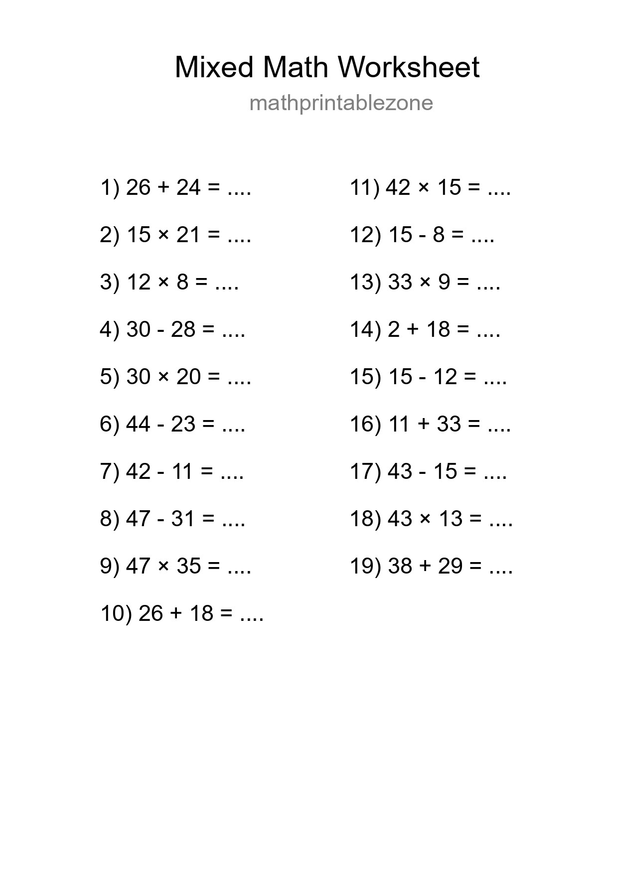Mixed Operations Math Worksheet