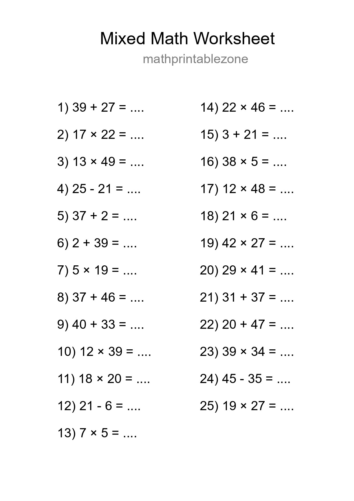 Mixed Operations Math Worksheet