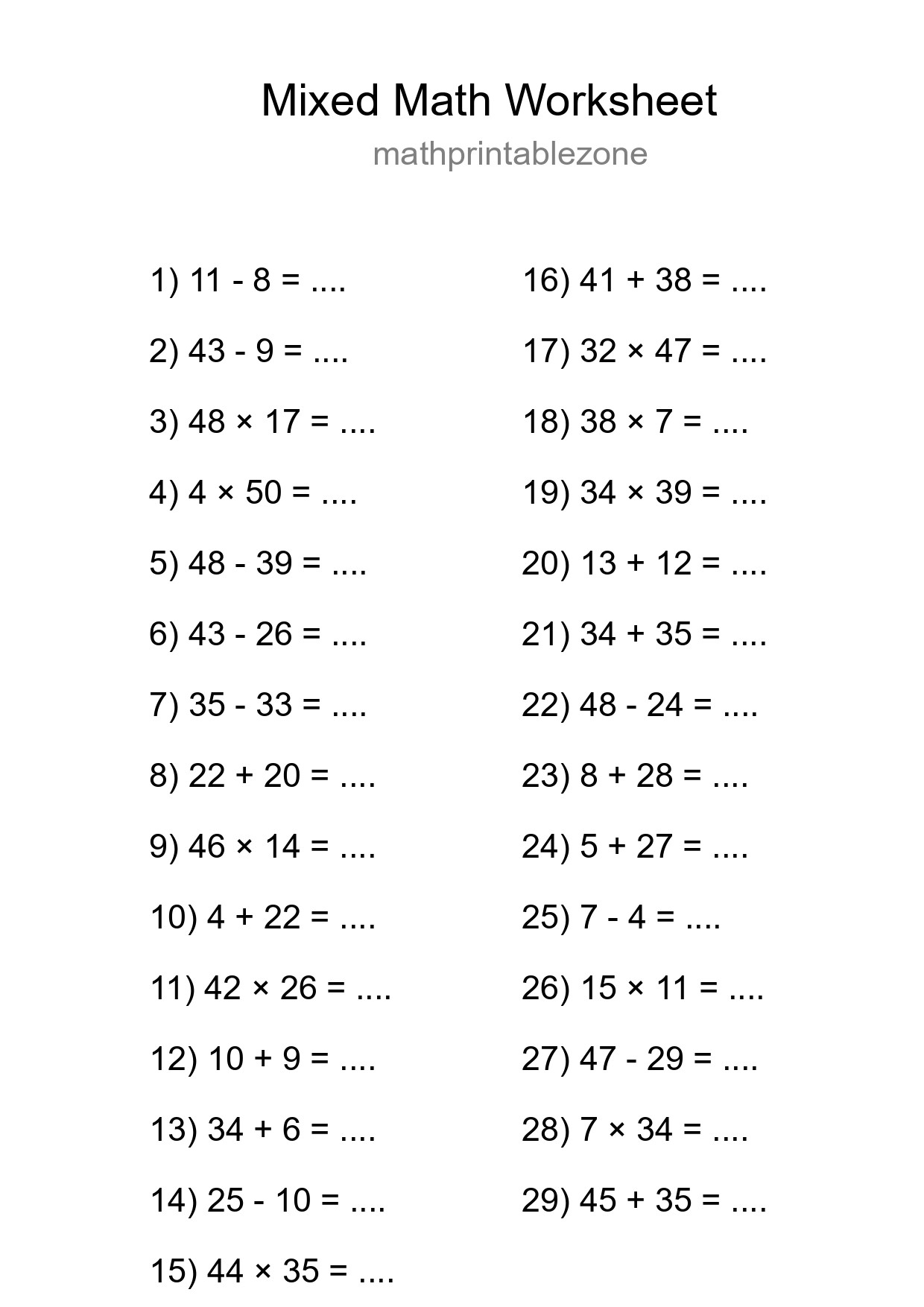 Mixed Operations Math Worksheet