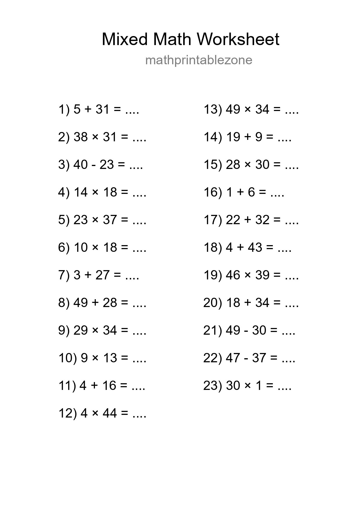 Mixed Operations Math Worksheet