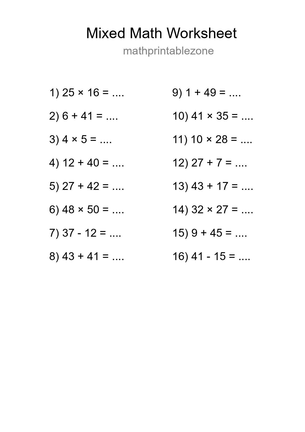 Mixed Operations Math Worksheet