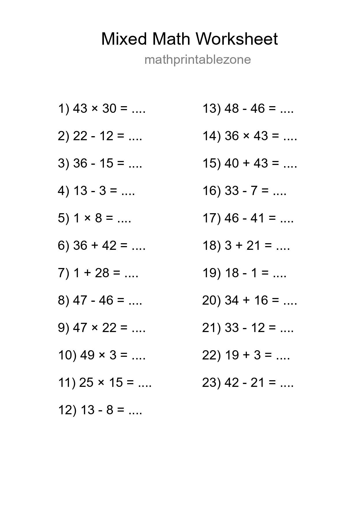Mixed Operations Math Worksheet