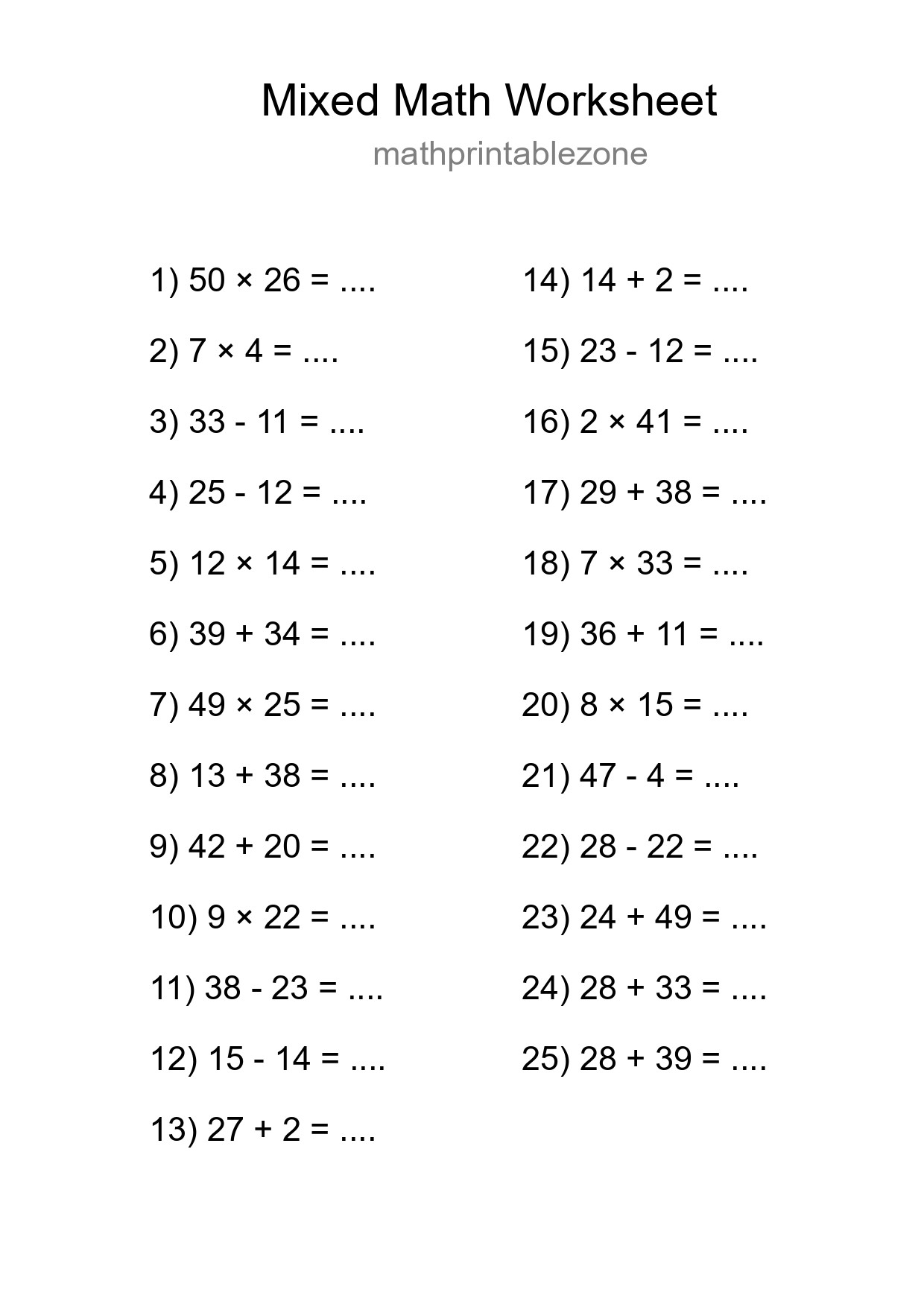 Mixed Operations Math Worksheet