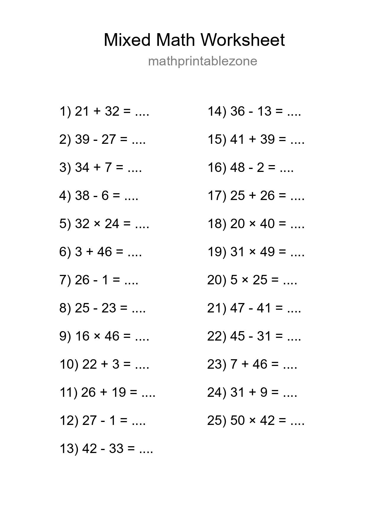 Mixed Operations Math Worksheet