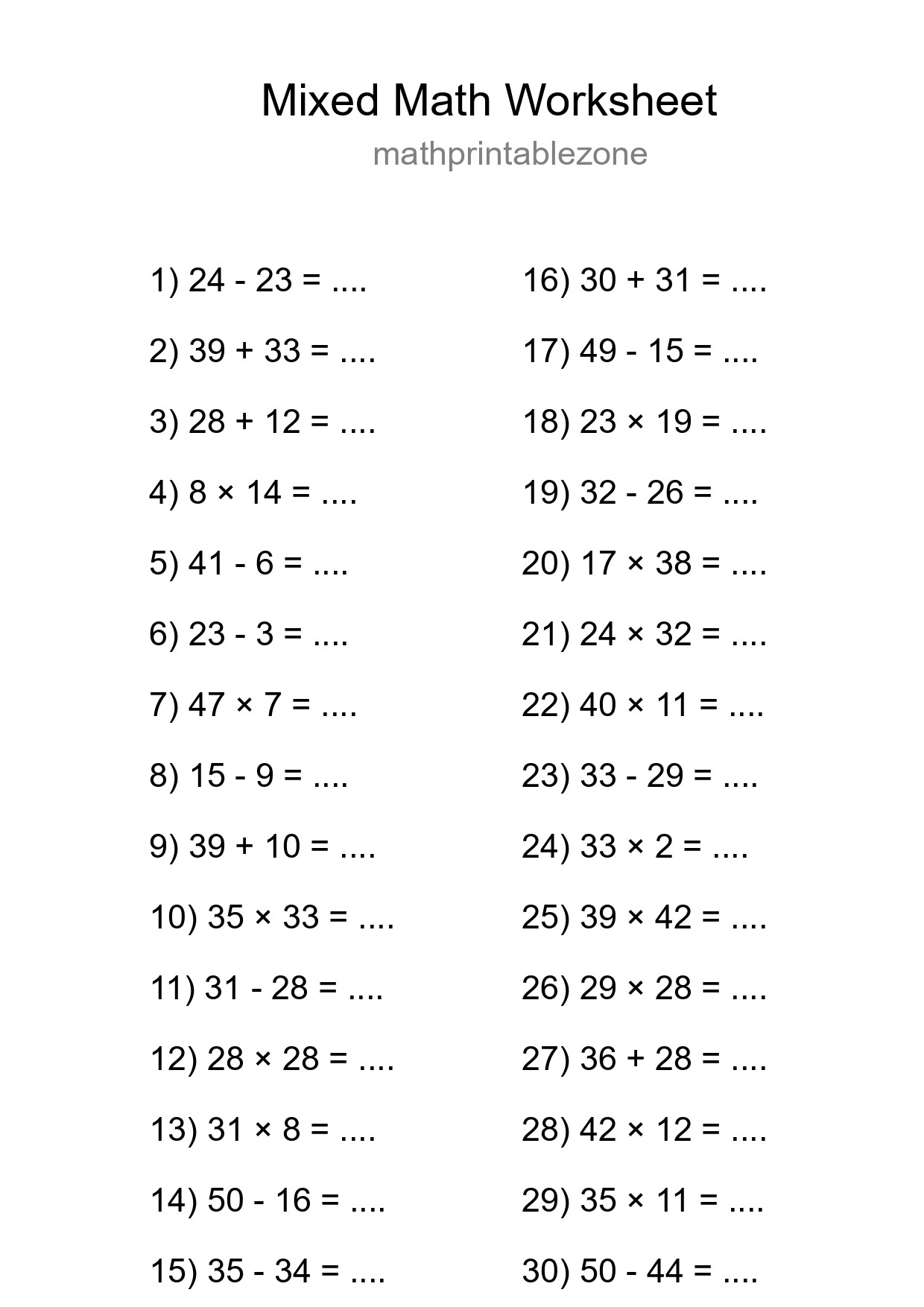 Mixed Operations Math Worksheet