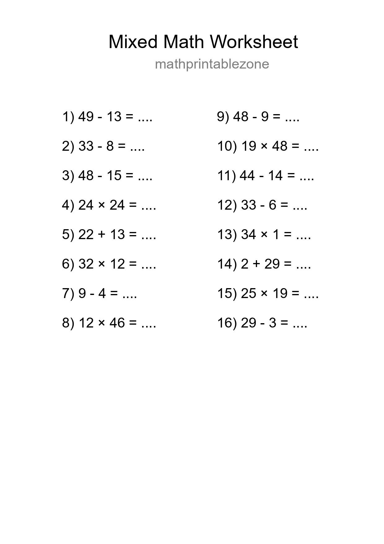 Mixed Operations Math Worksheet