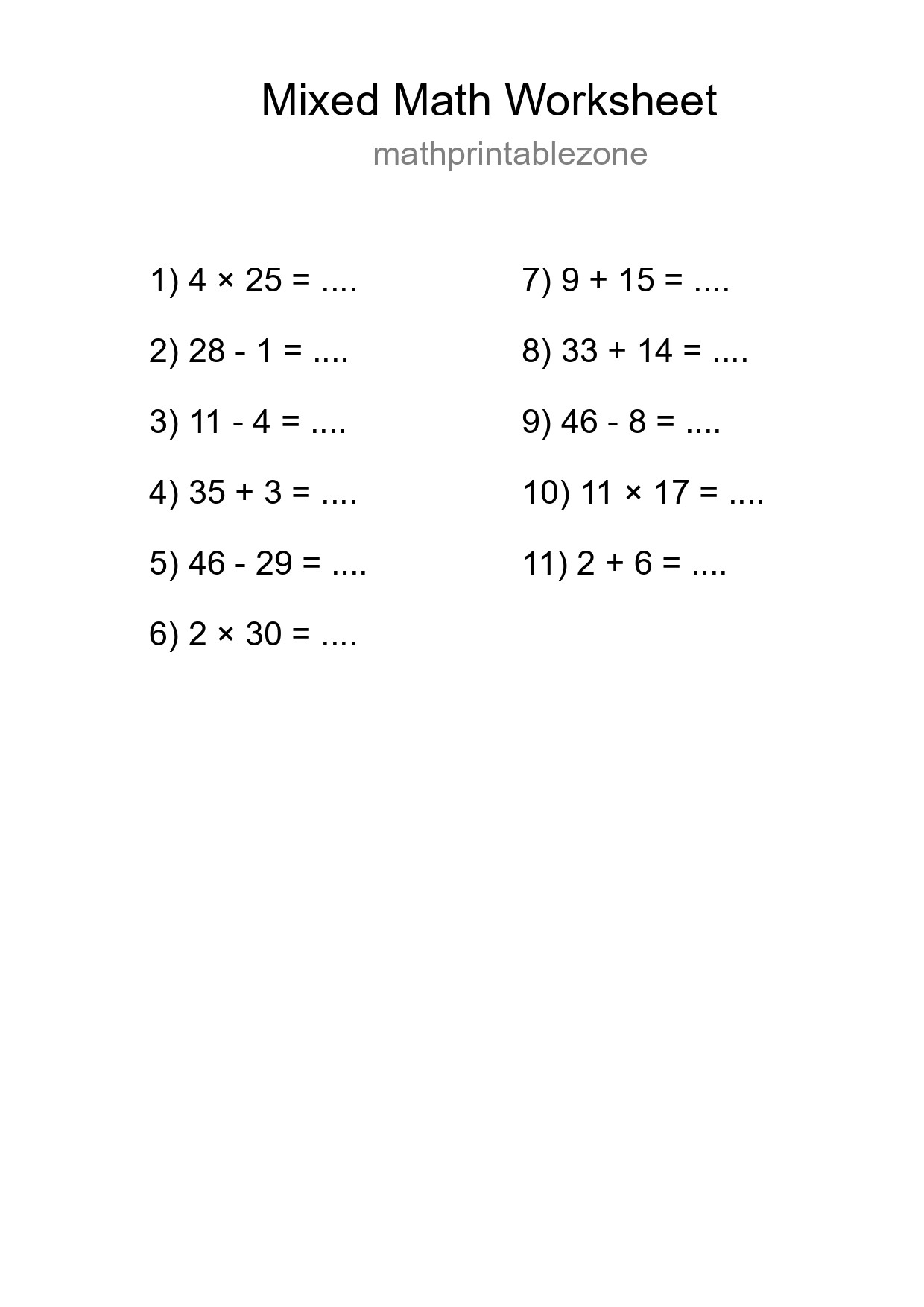 Mixed Operations Math Worksheet