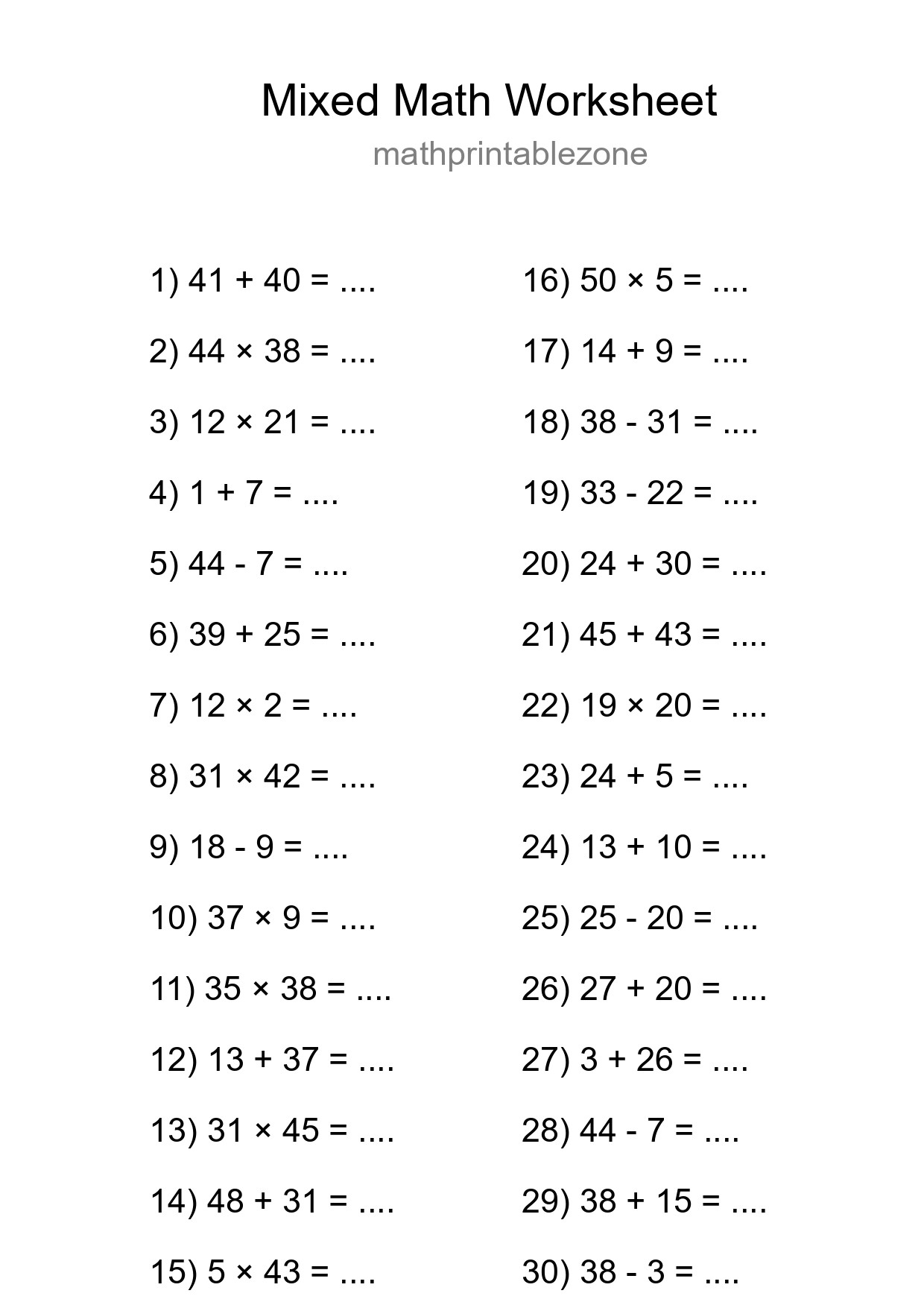 Mixed Operations Math Worksheet