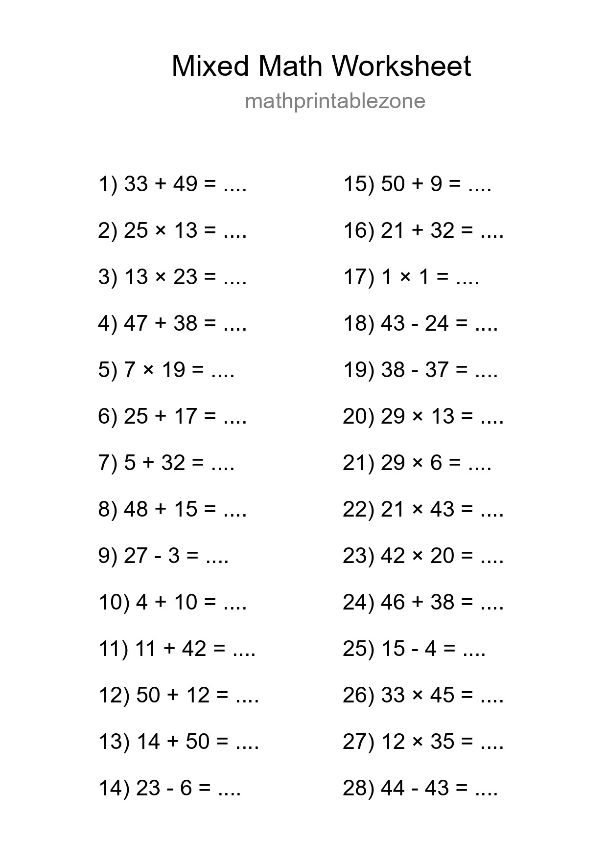 Mixed Operations Math Worksheet