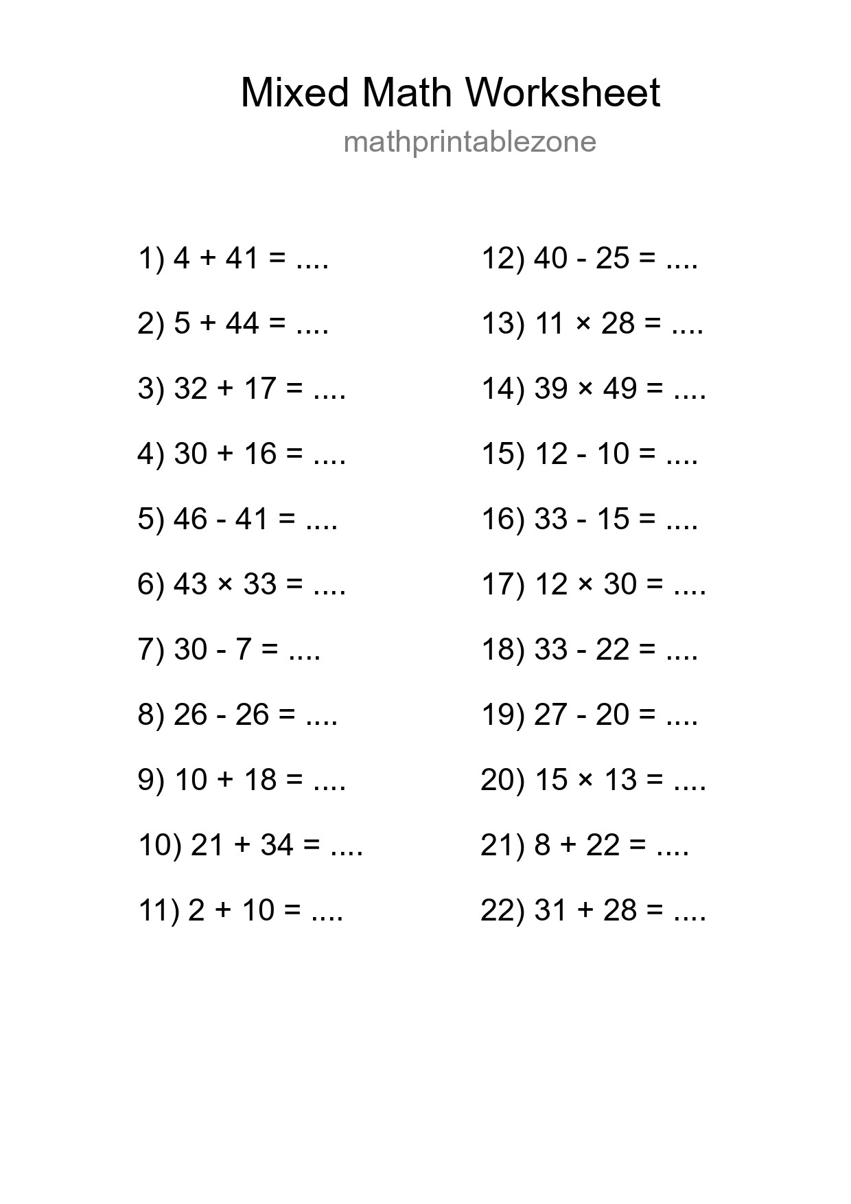 Mixed Operations Math Worksheet