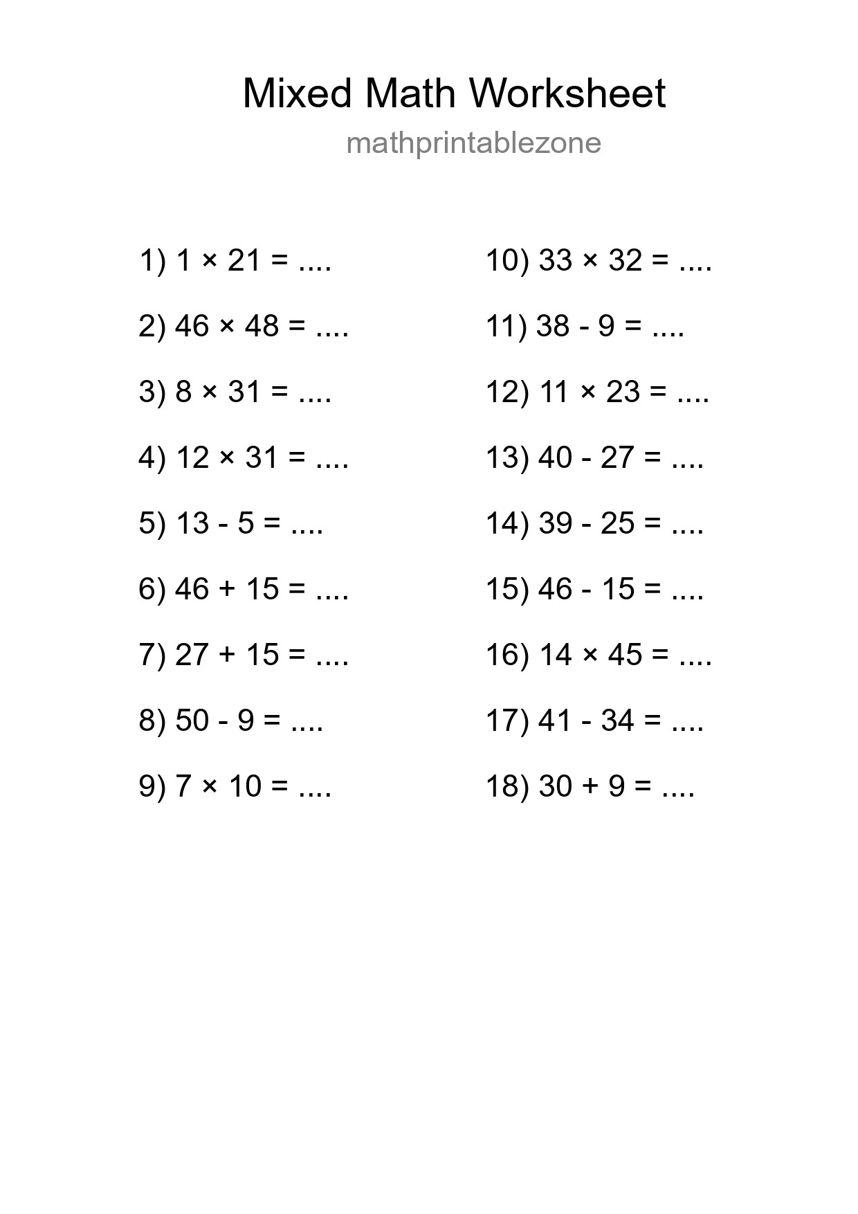 Mixed Operations Math Worksheet